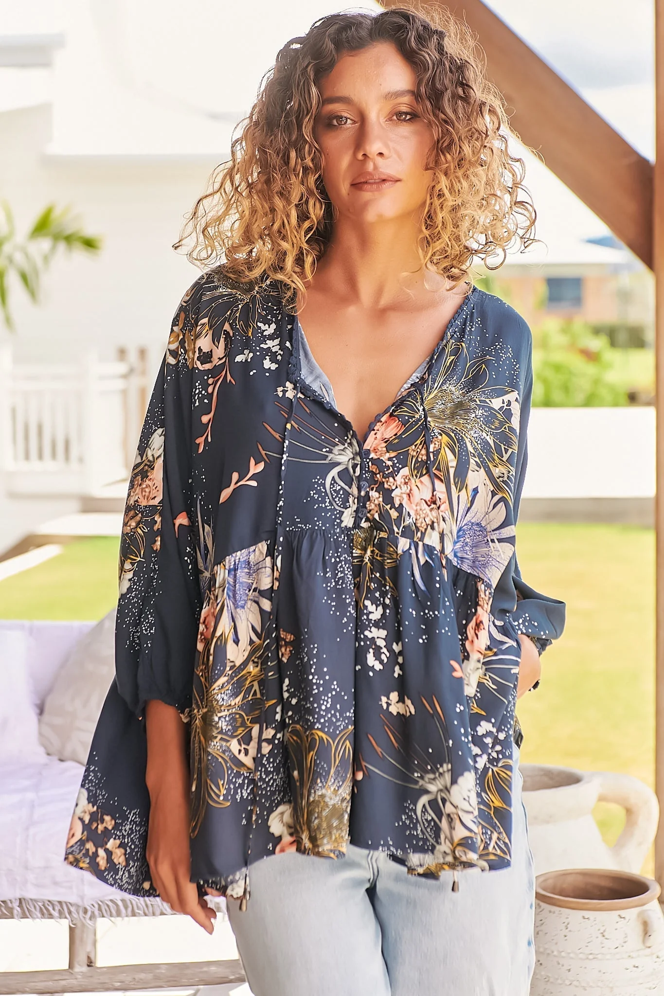 JAASE - Chloe Top: Very Oversized Crochet Trim Neckline Smock Top in Indigo Print - Image 18