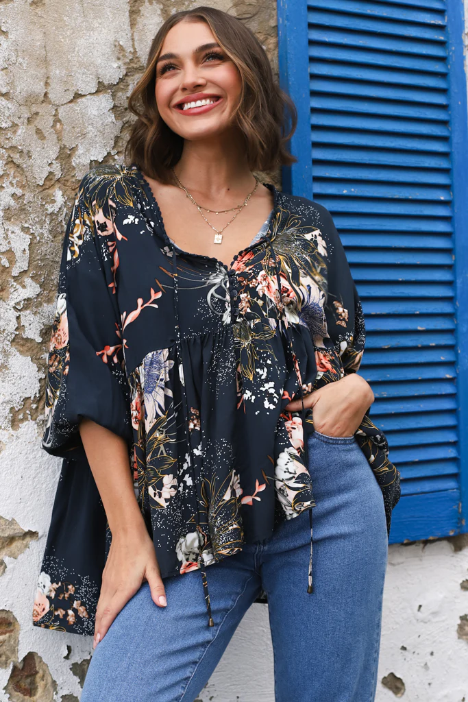 JAASE - Chloe Top: Very Oversized Crochet Trim Neckline Smock Top in Indigo Print - Image 19