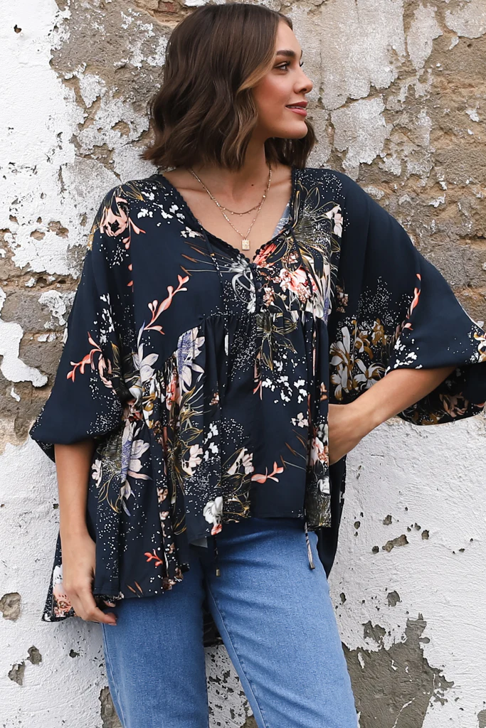 JAASE - Chloe Top: Very Oversized Crochet Trim Neckline Smock Top in Indigo Print - Image 21