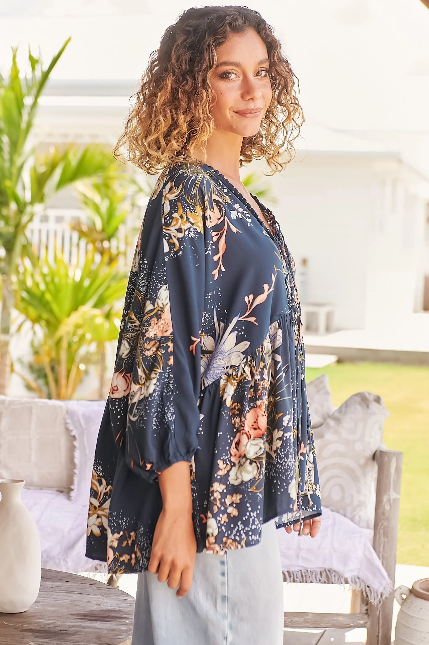 JAASE - Chloe Top: Very Oversized Crochet Trim Neckline Smock Top in Indigo Print - Image 22