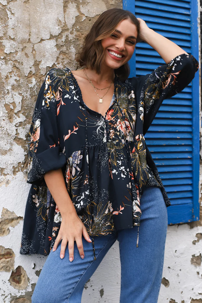 JAASE - Chloe Top: Very Oversized Crochet Trim Neckline Smock Top in Indigo Print - Image 4
