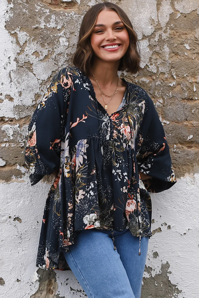 JAASE - Chloe Top: Very Oversized Crochet Trim Neckline Smock Top in Indigo Print - Image 7