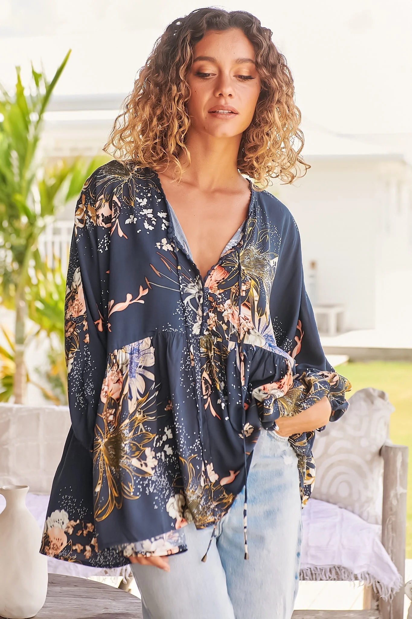 JAASE - Chloe Top: Very Oversized Crochet Trim Neckline Smock Top in Indigo Print - Image 8