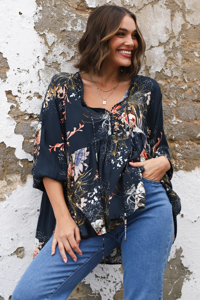JAASE - Chloe Top: Very Oversized Crochet Trim Neckline Smock Top in Indigo Print - Image 9