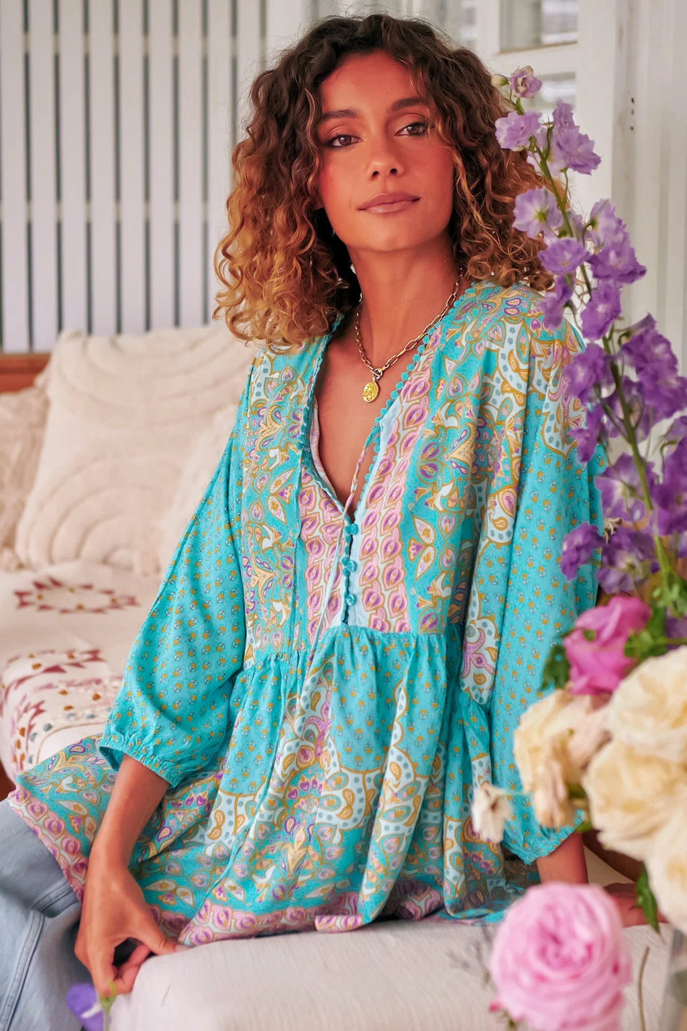 JAASE - Chloe Top: Very Oversized Crochet Trim Neckline Smock Top in Atlantis Print - Image 3