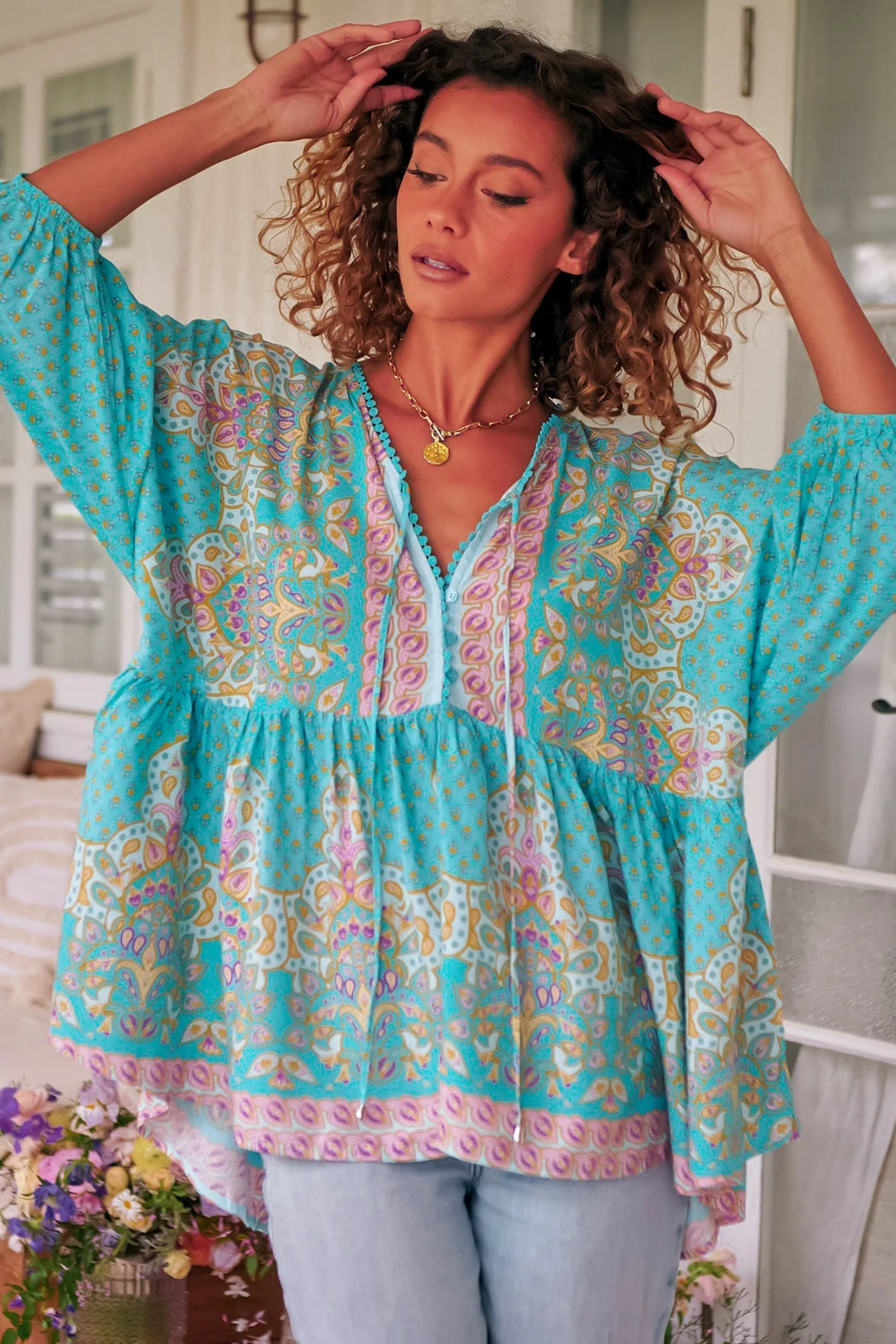 JAASE - Chloe Top: Very Oversized Crochet Trim Neckline Smock Top in Atlantis Print - Image 5