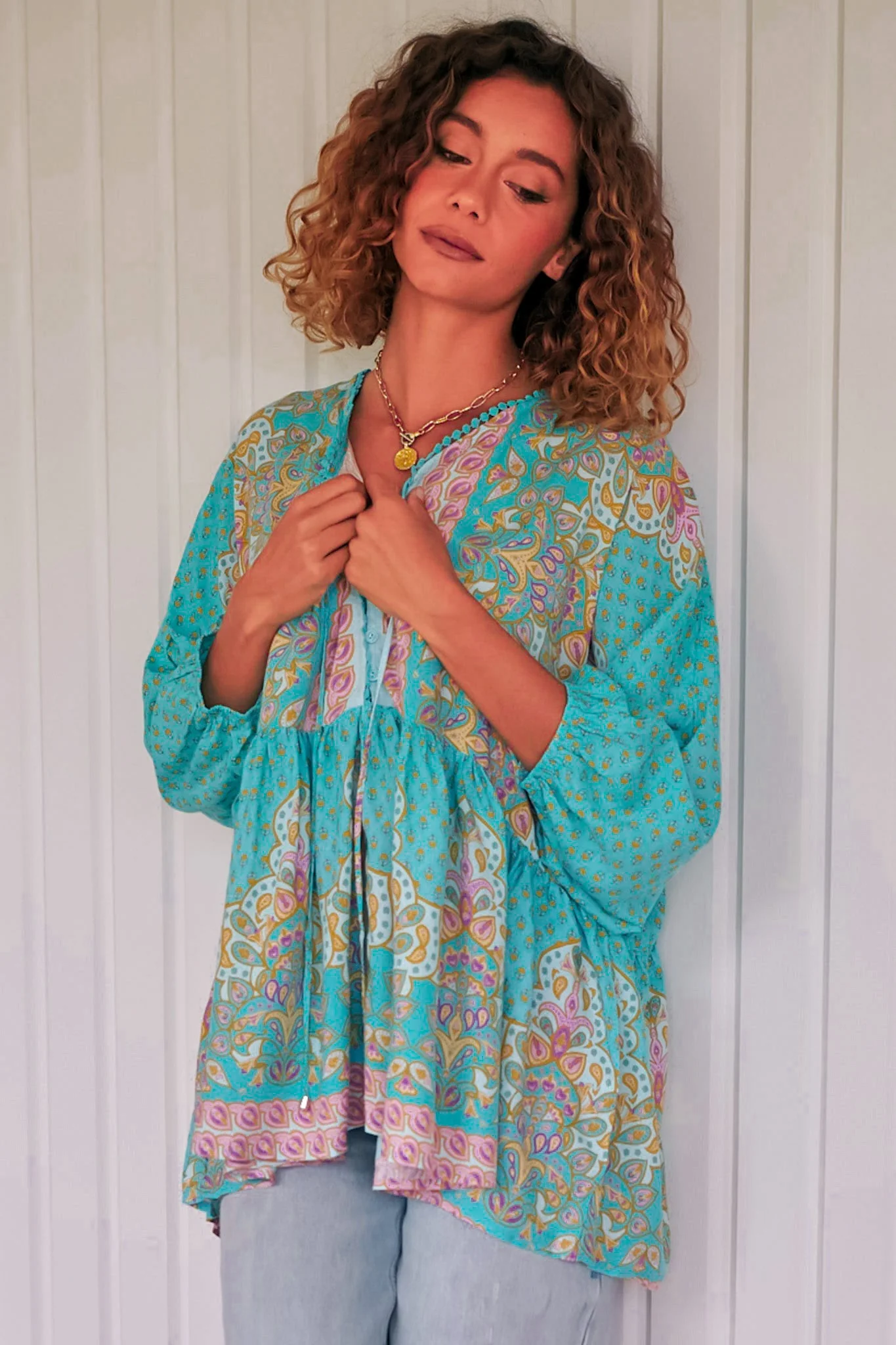JAASE - Chloe Top: Very Oversized Crochet Trim Neckline Smock Top in Atlantis Print - Image 7
