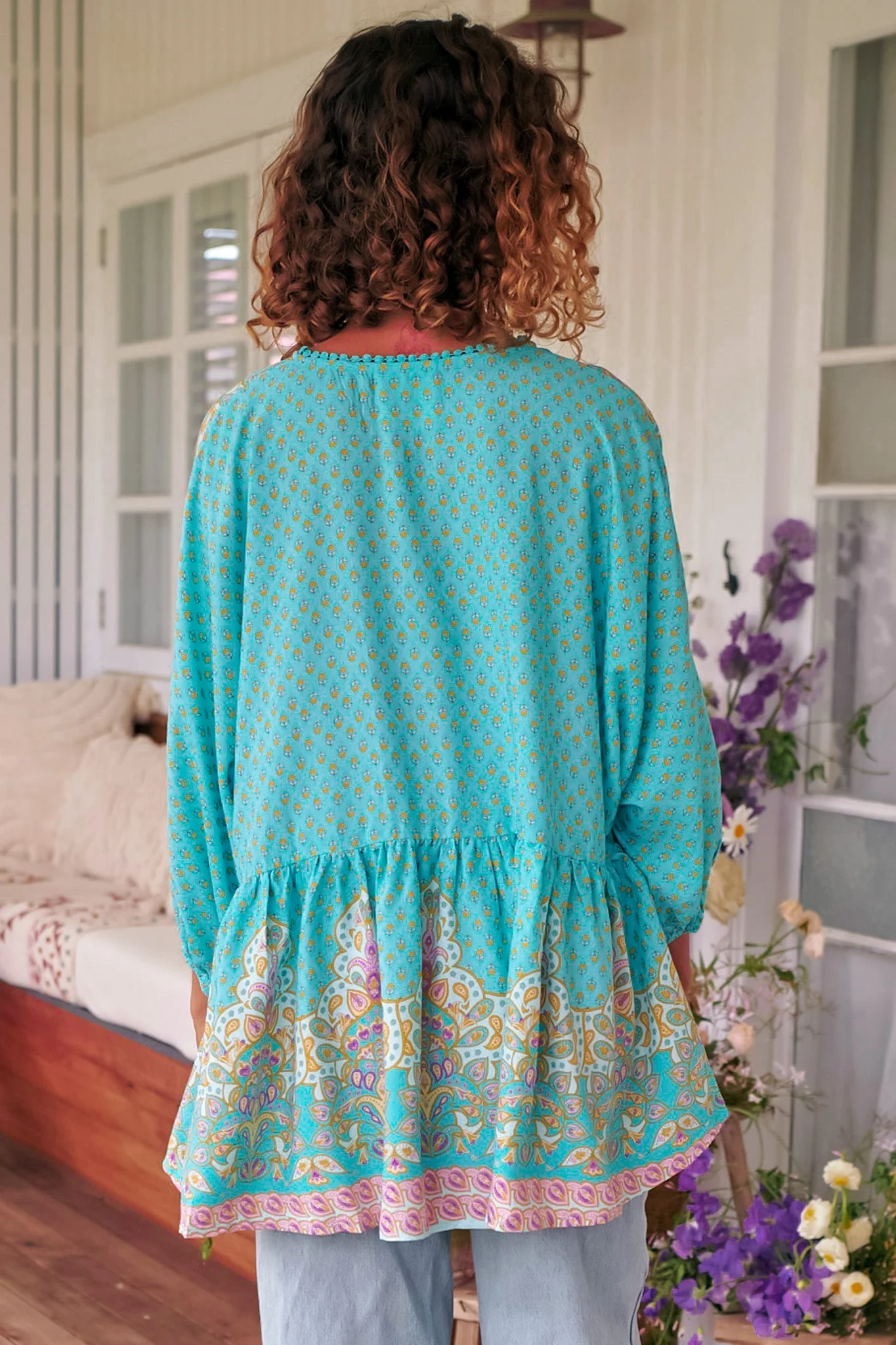 JAASE - Chloe Top: Very Oversized Crochet Trim Neckline Smock Top in Atlantis Print - Image 9