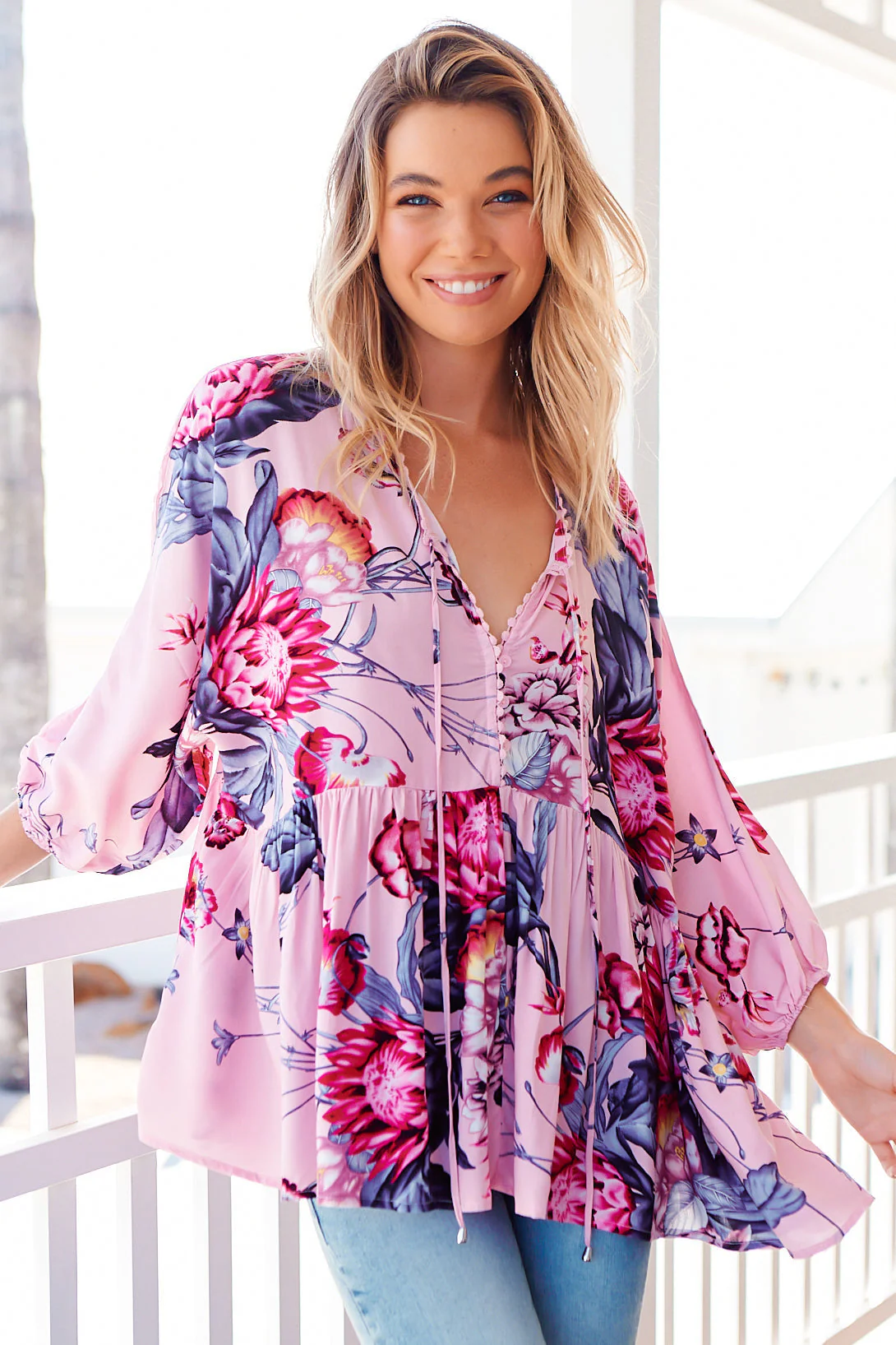 JAASE - Chloe Top: Very Oversized Crochet Trim Neckline Smock Top in Dahlia Print - Image 3