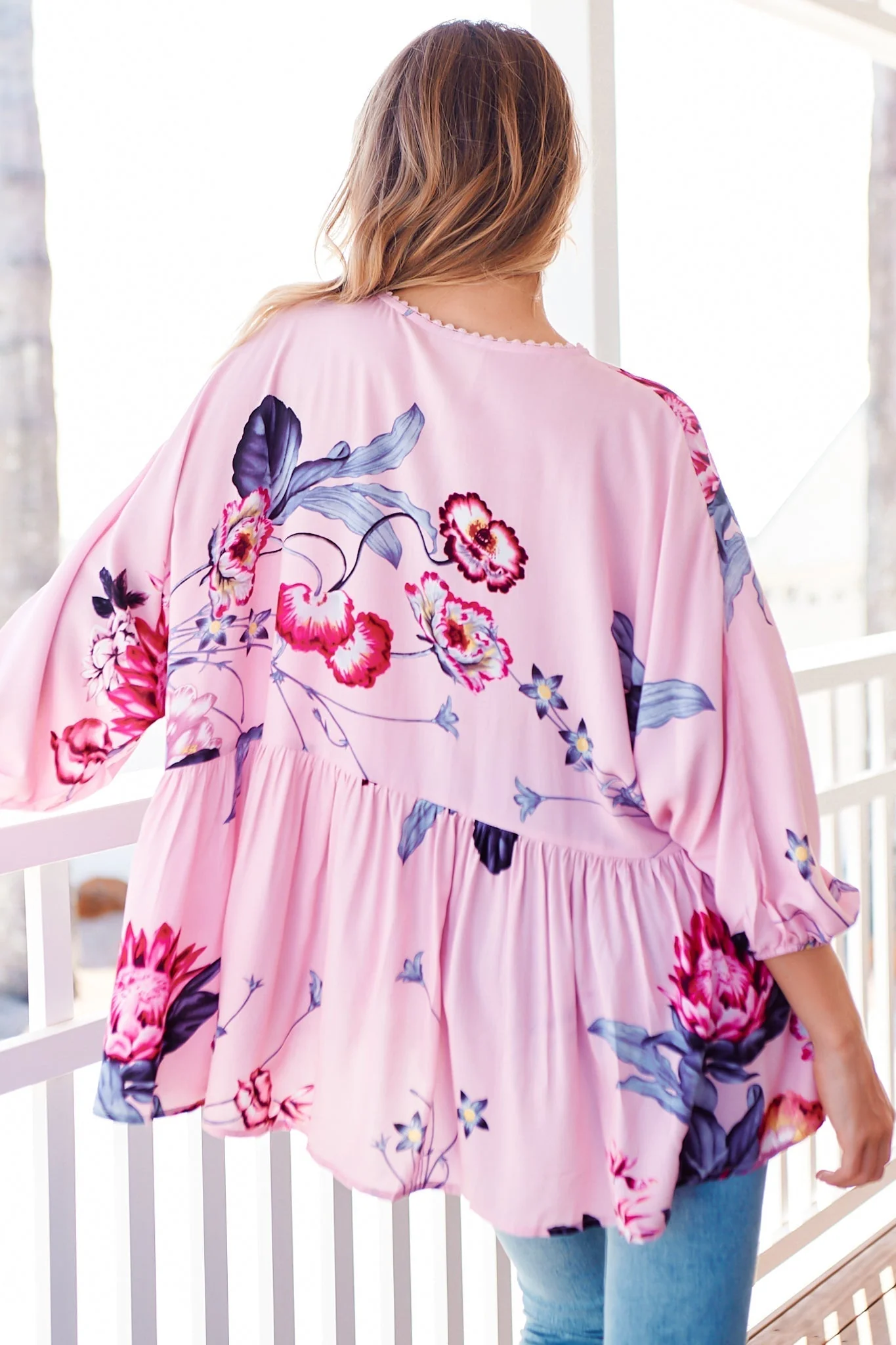 JAASE - Chloe Top: Very Oversized Crochet Trim Neckline Smock Top in Dahlia Print - Image 6