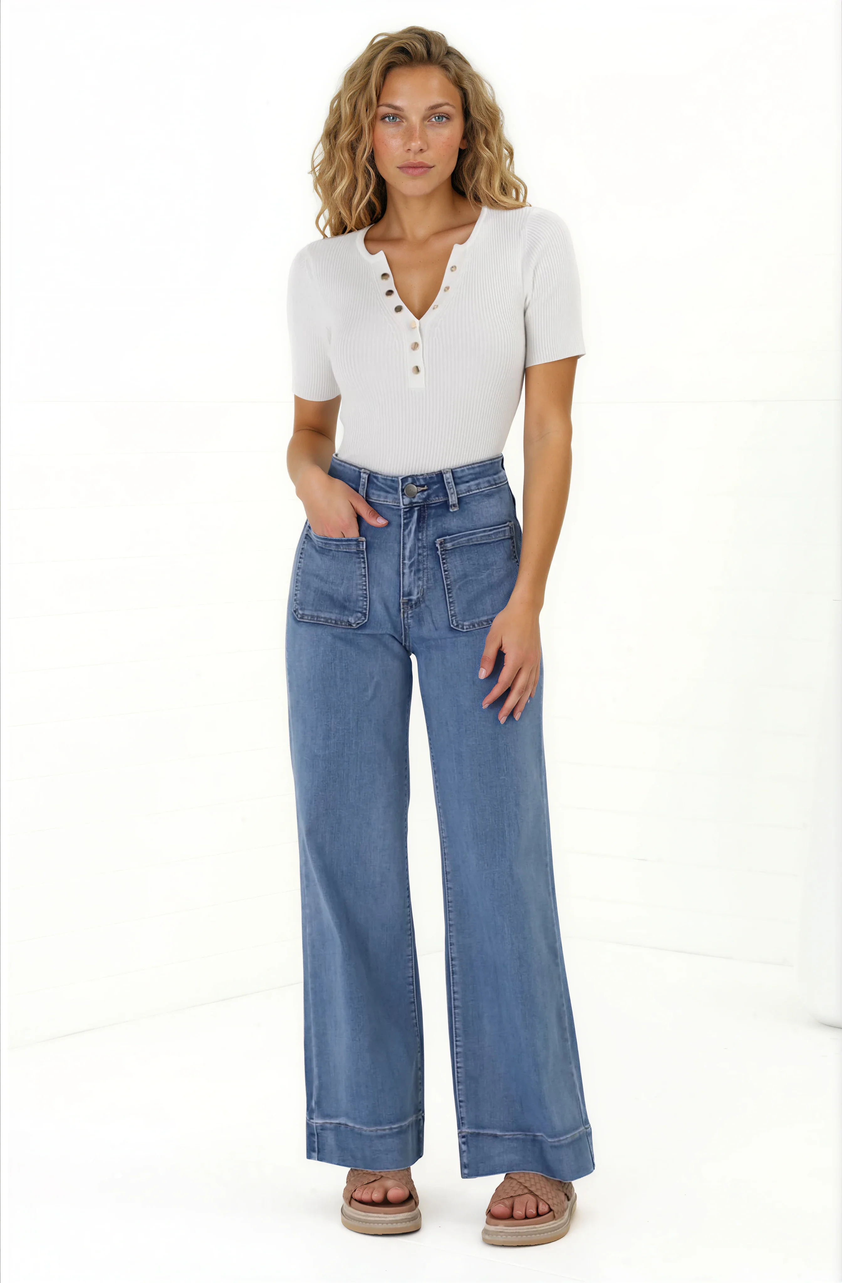 Cindy Wide Leg Jean in Mid Denim Wash - Image 4