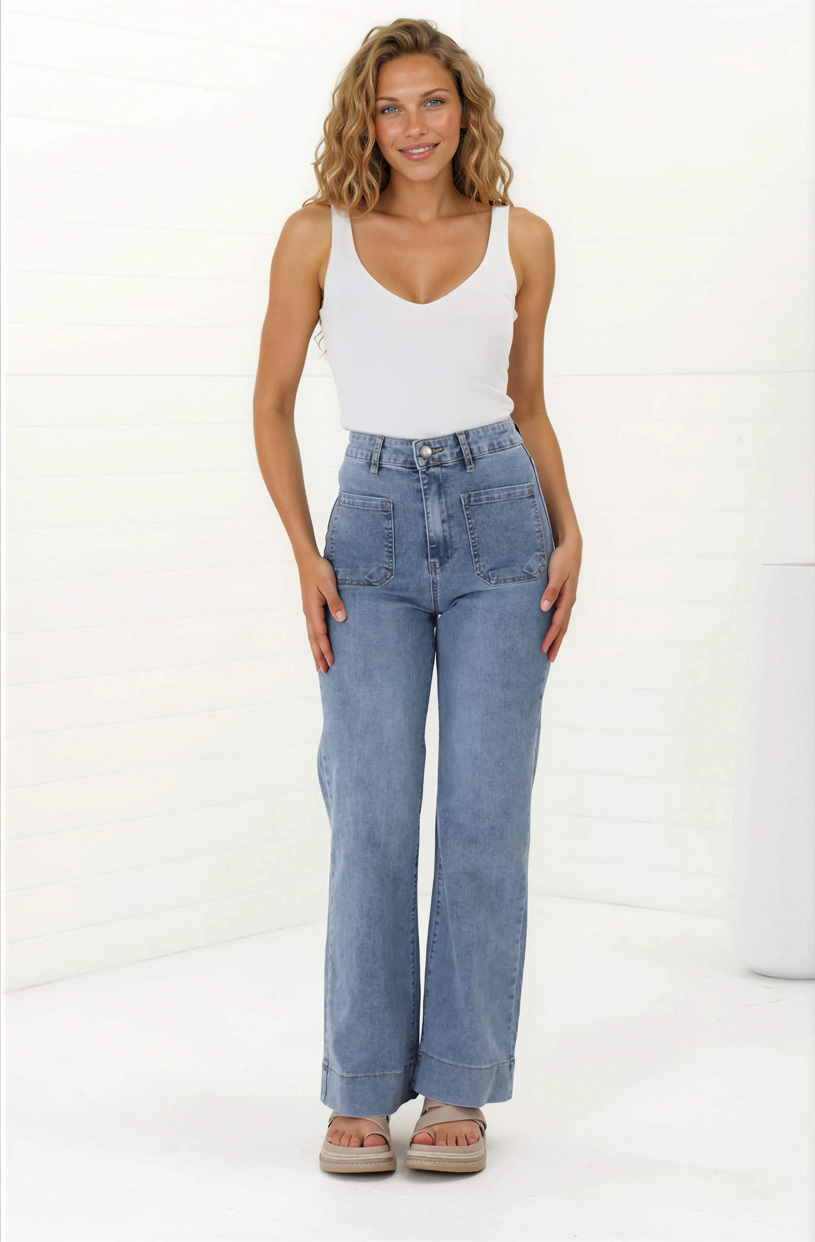 Cindy Wide Leg Jeans in Stone Wash Denim - Image 3