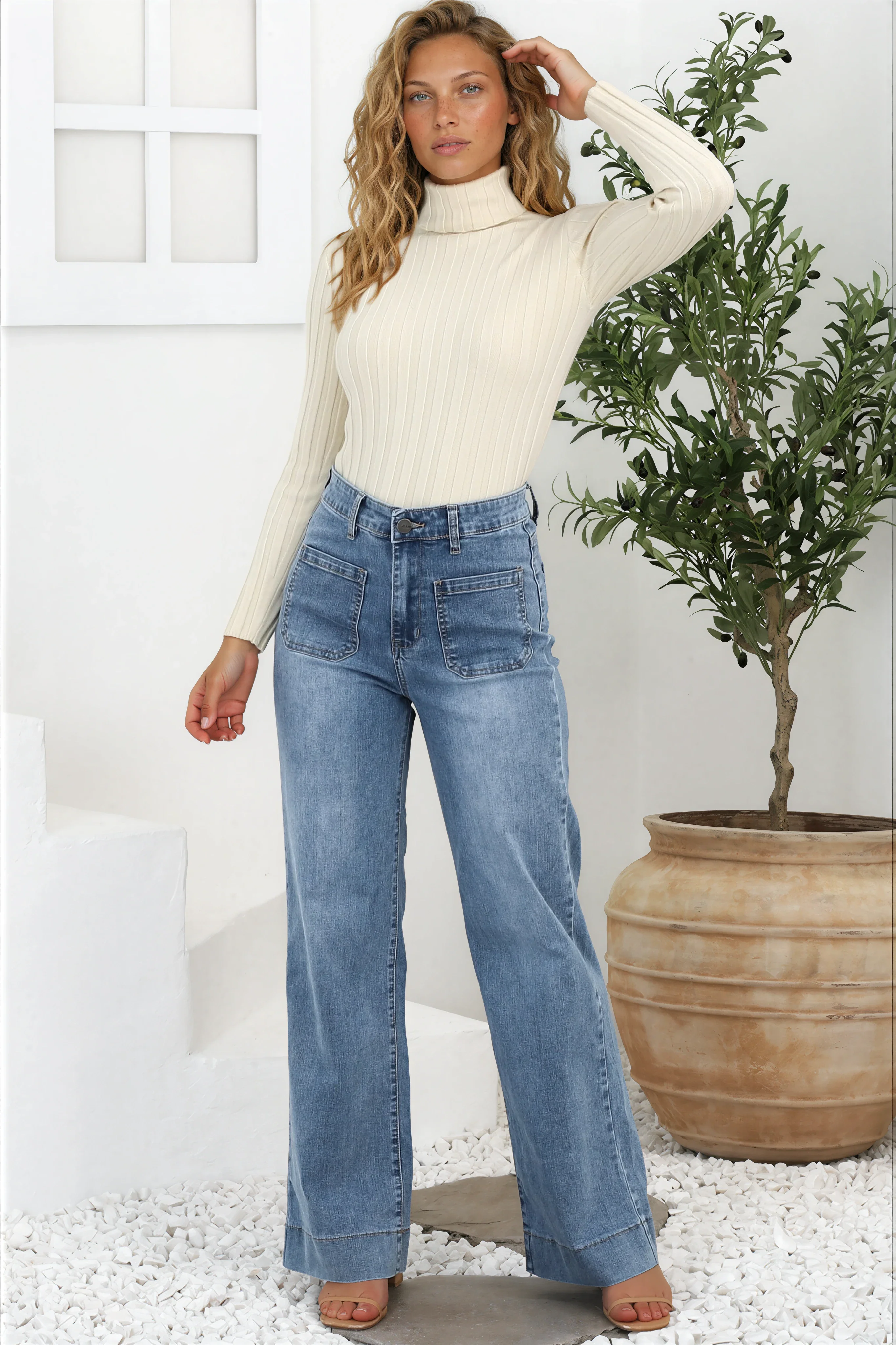 Cindy Wide Leg Jeans in Stone Wash Denim - Image 4