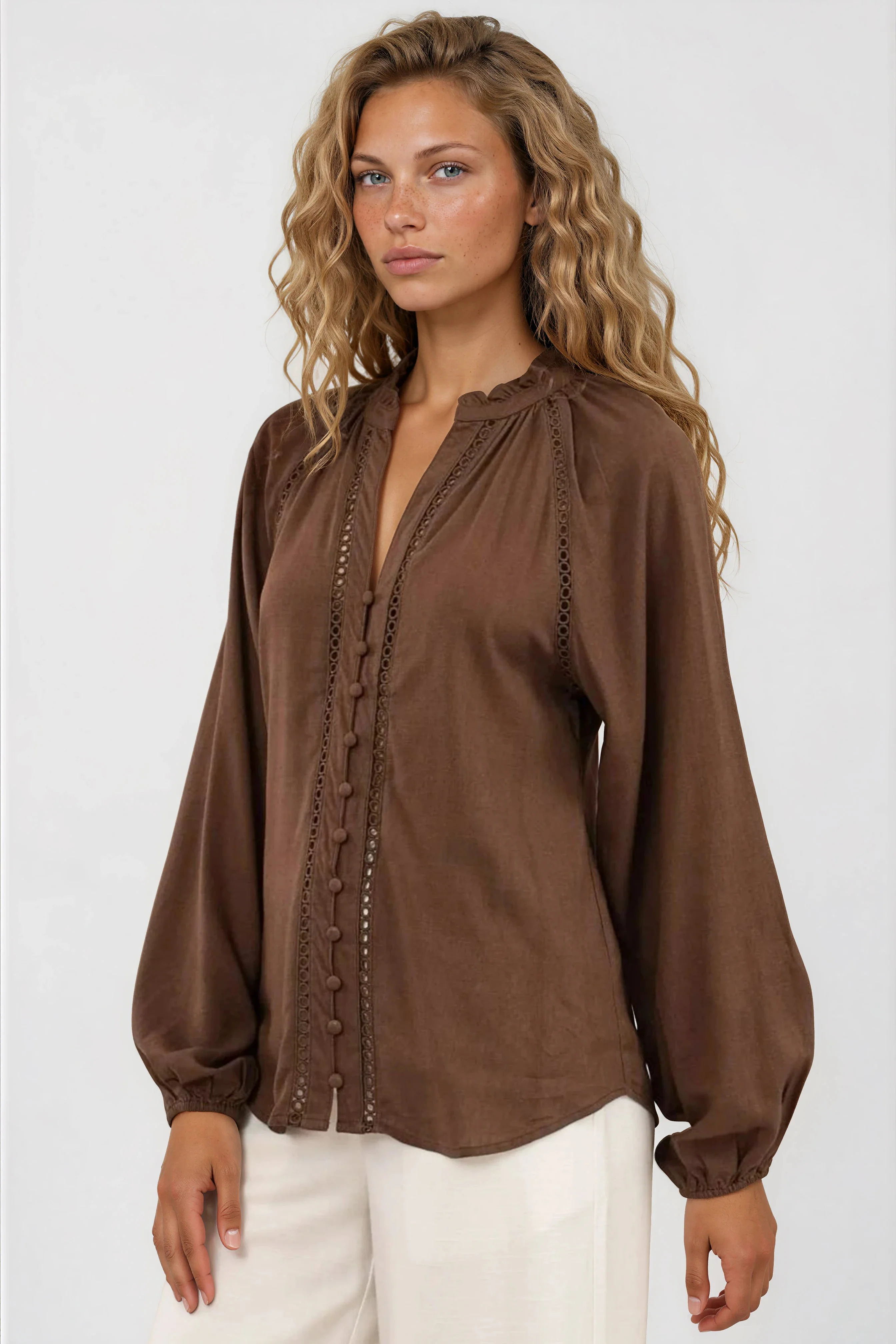 Claire Blouse - Frill Collar Hollow Out Lace Insert Detailed Button Down in Chocolate - Image 2