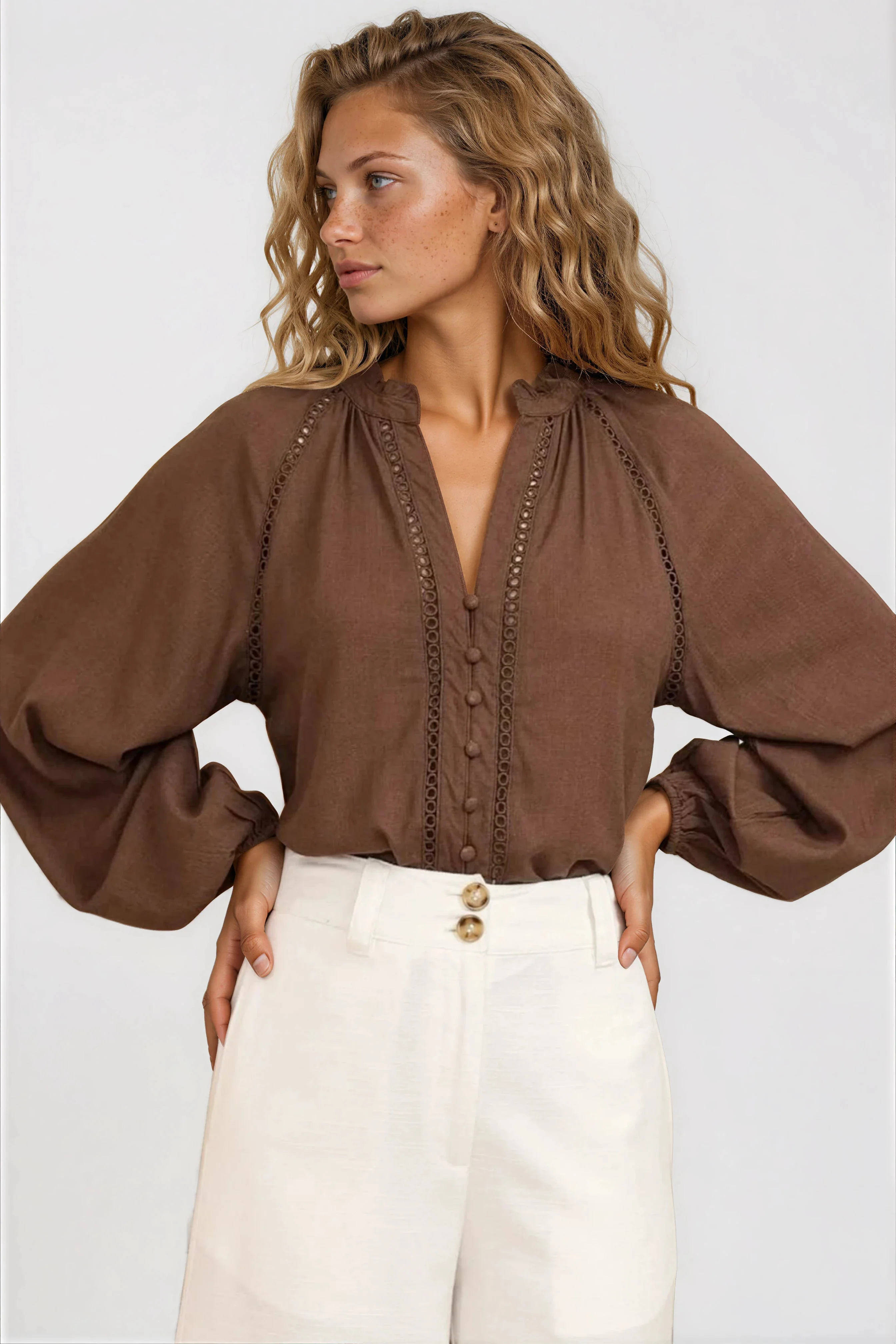 Claire Blouse - Frill Collar Hollow Out Lace Insert Detailed Button Down in Chocolate - Image 3