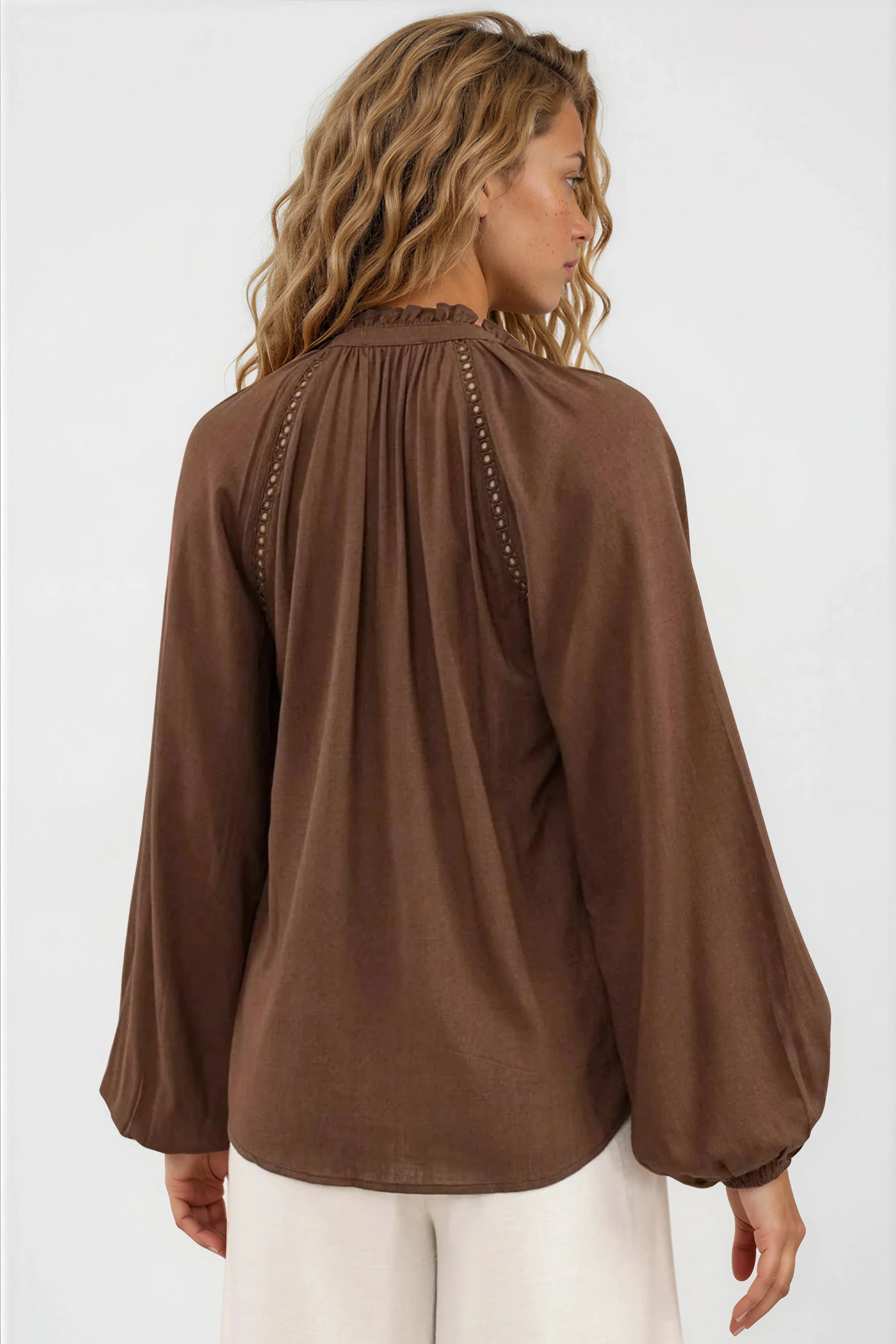 Claire Blouse - Frill Collar Hollow Out Lace Insert Detailed Button Down in Chocolate - Image 4