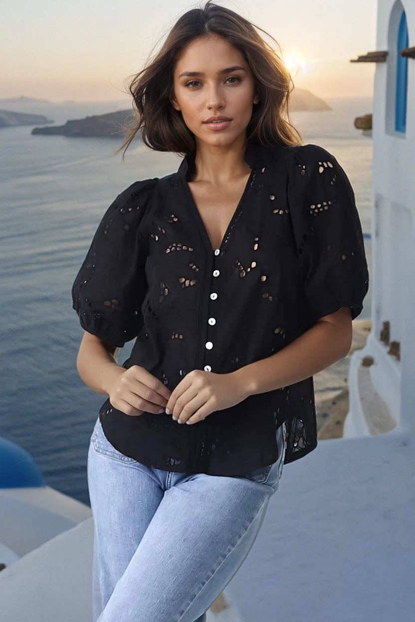 Clare Blouse - Hollow Out Embroidered Button Down Blouse in Black - Image 3