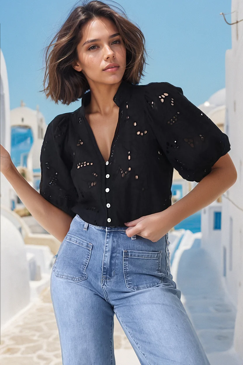 Clare Blouse - Hollow Out Embroidered Button Down Blouse in Black - Image 4