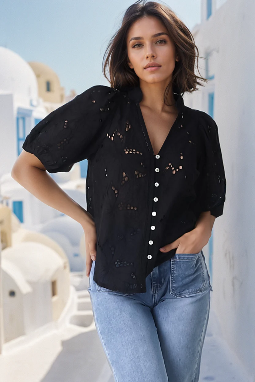 Clare Blouse - Hollow Out Embroidered Button Down Blouse in Black - Image 7