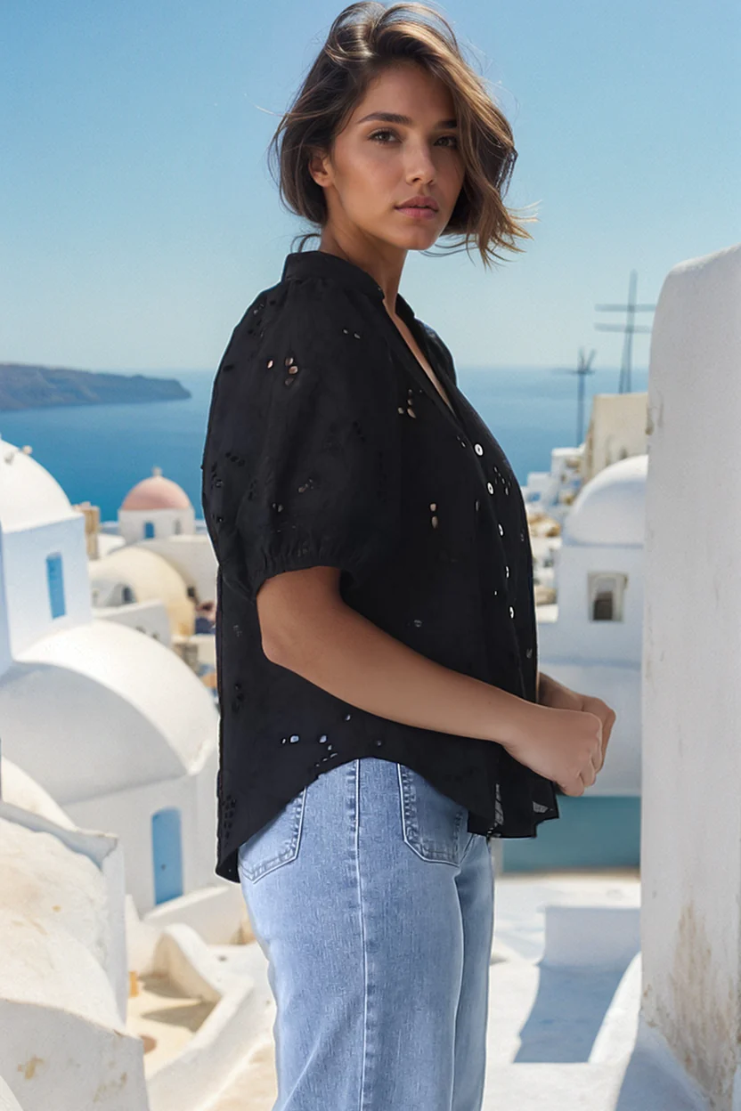 Clare Blouse - Hollow Out Embroidered Button Down Blouse in Black - Image 8