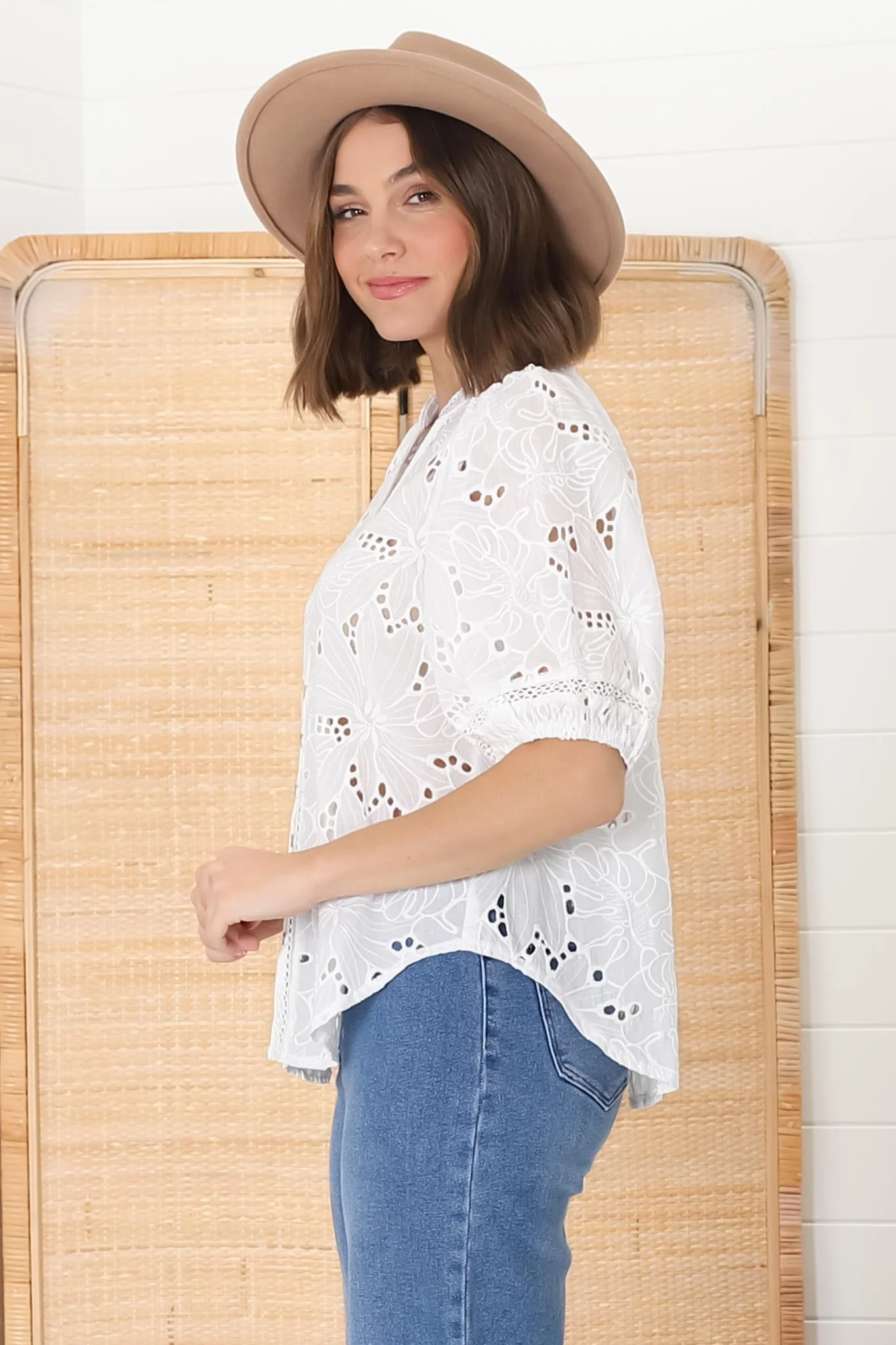 Clare Blouse - Hollow Out Embroidered Button Down Blouse in White - Image 15