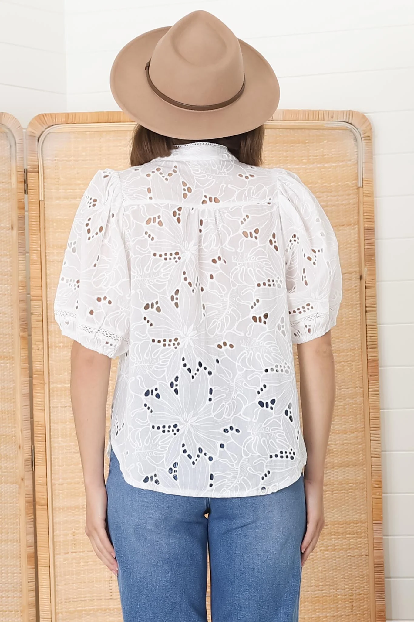 Clare Blouse - Hollow Out Embroidered Button Down Blouse in White - Image 17