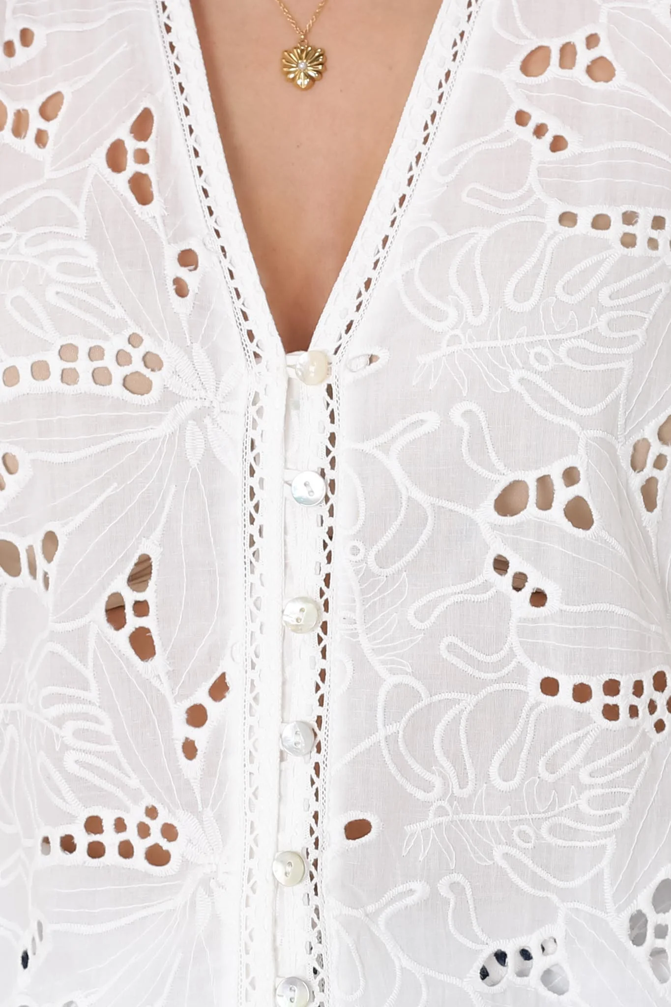 Clare Blouse - Hollow Out Embroidered Button Down Blouse in White - Image 18