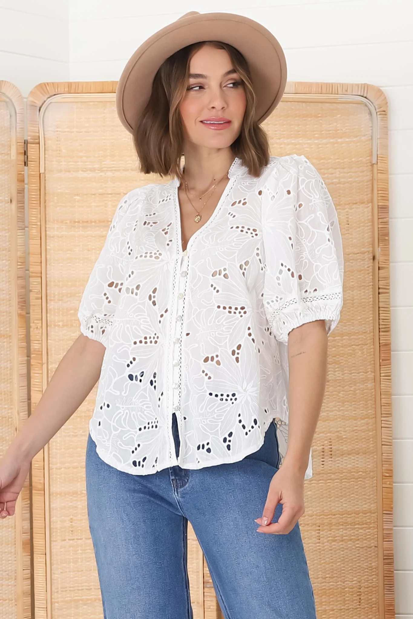 Clare Blouse - Hollow Out Embroidered Button Down Blouse in White - Image 9