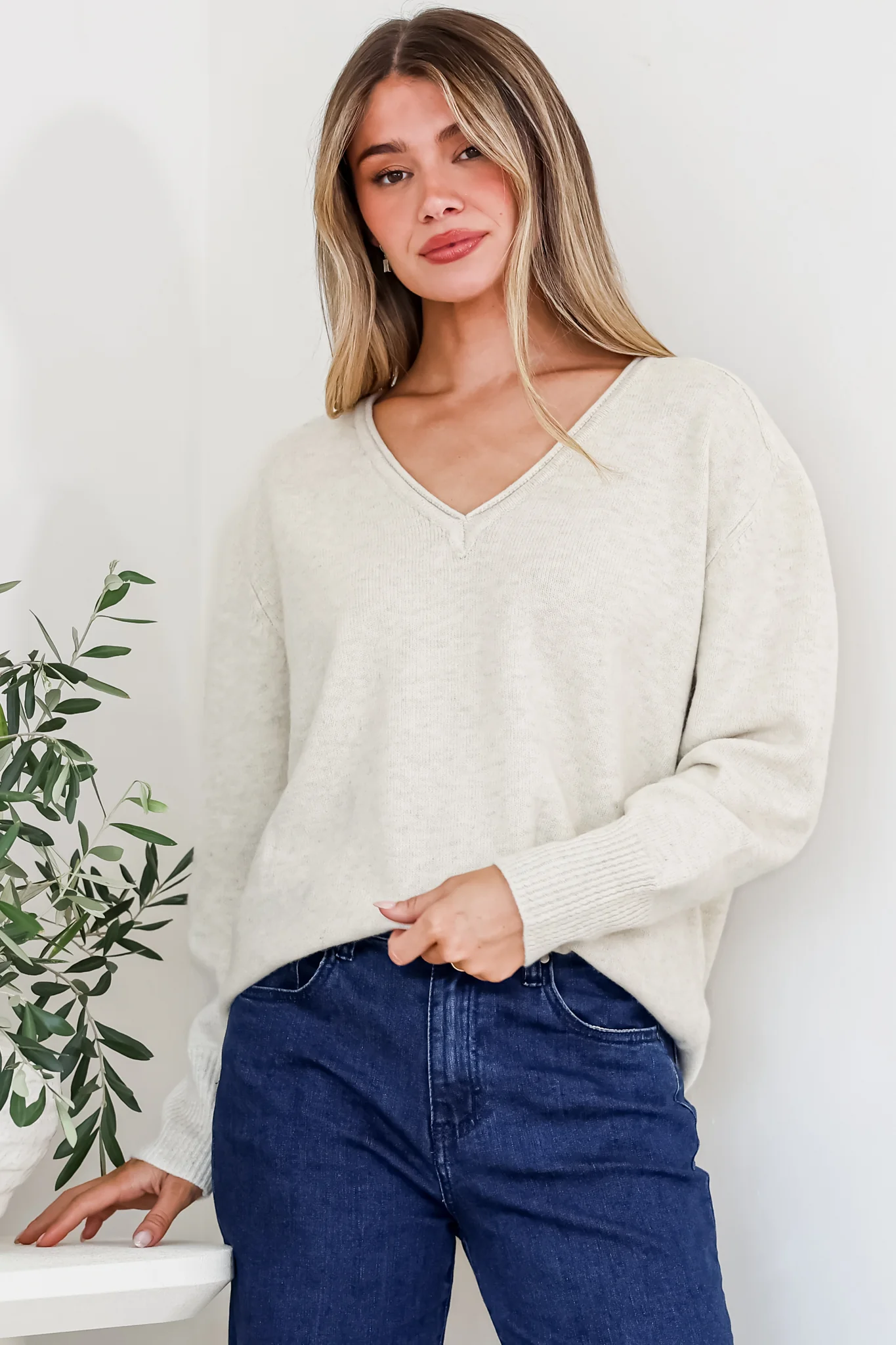 Clarke Jumper - V-Neck Batwing Sleeve Ribbed Step Hemline Knit in Beige - Image 2