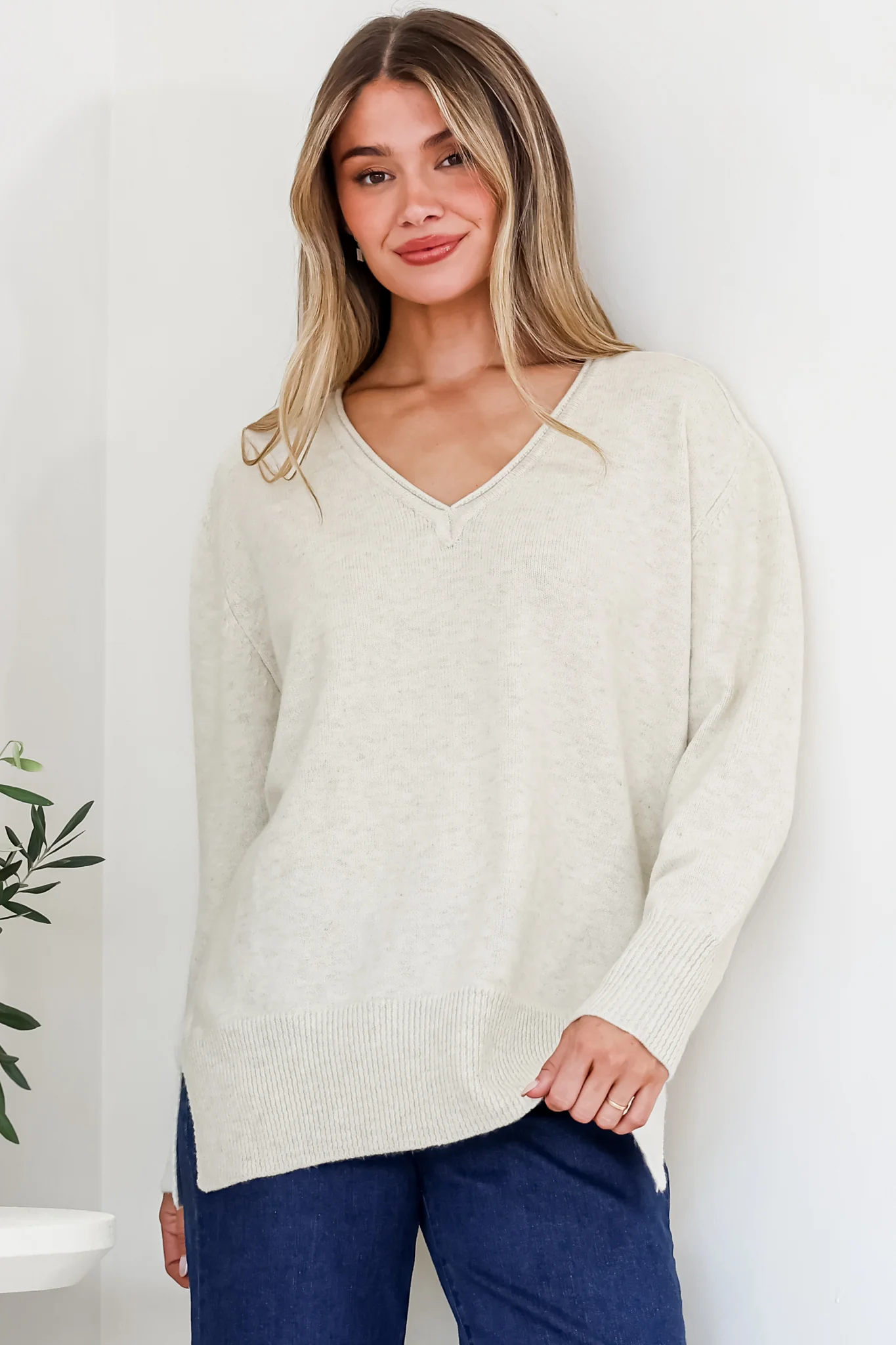 Clarke Jumper - V-Neck Batwing Sleeve Ribbed Step Hemline Knit in Beige - Image 4