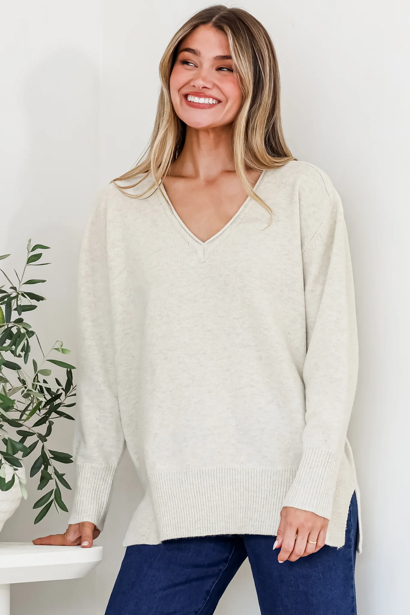 Clarke Jumper - V-Neck Batwing Sleeve Ribbed Step Hemline Knit in Beige - Image 5