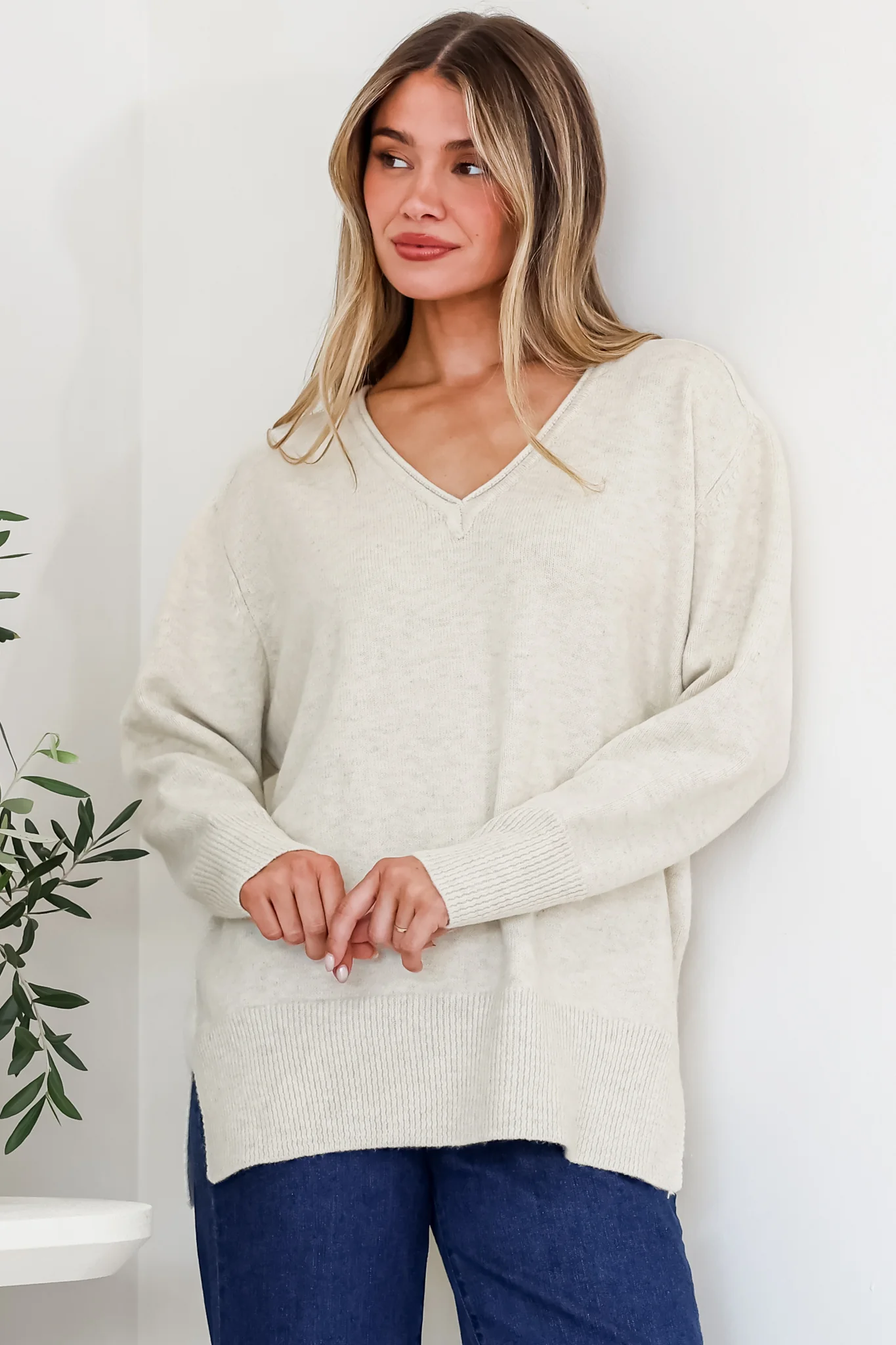 Clarke Jumper - V-Neck Batwing Sleeve Ribbed Step Hemline Knit in Beige - Image 6