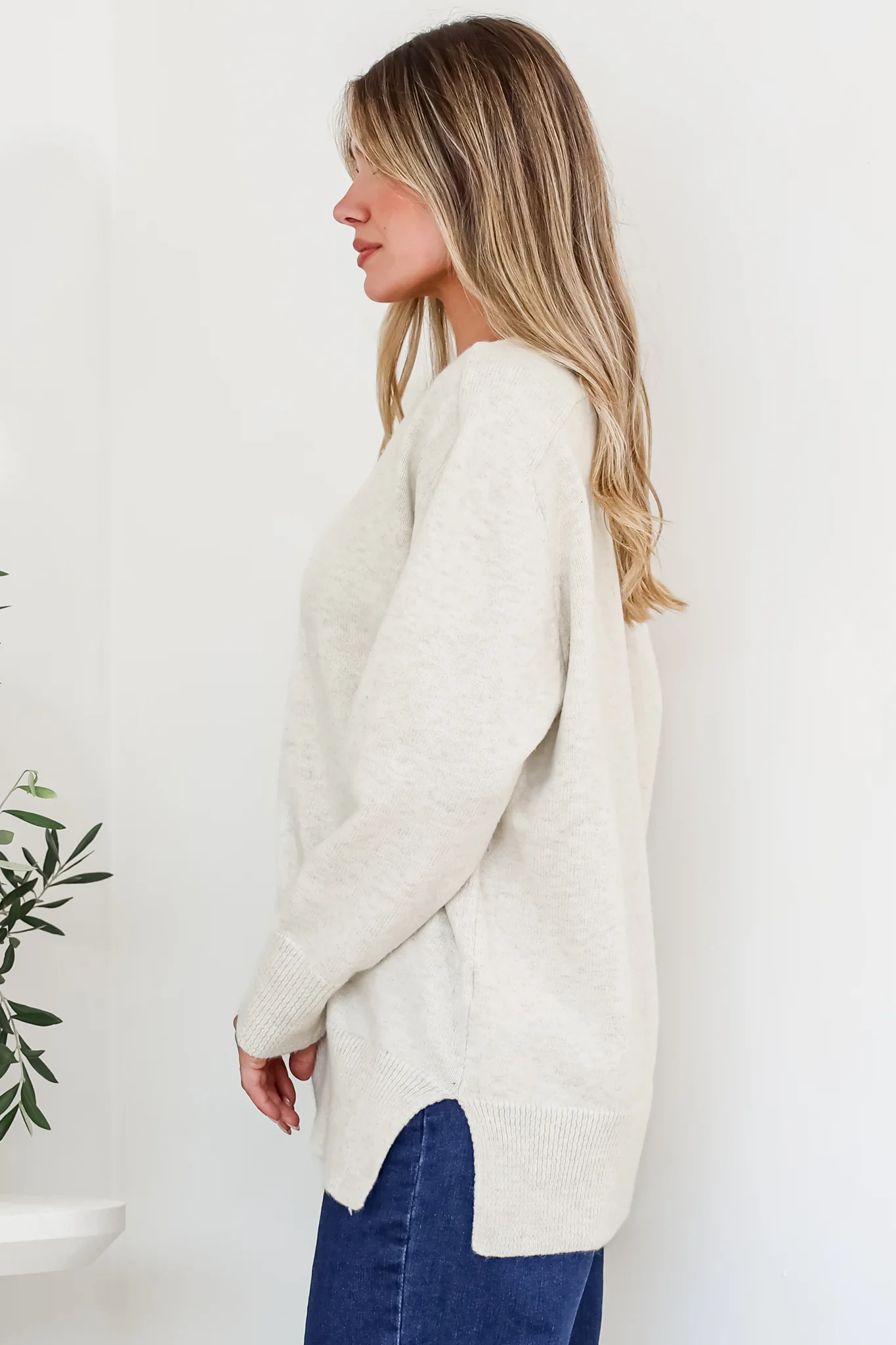 Clarke Jumper - V-Neck Batwing Sleeve Ribbed Step Hemline Knit in Beige - Image 7