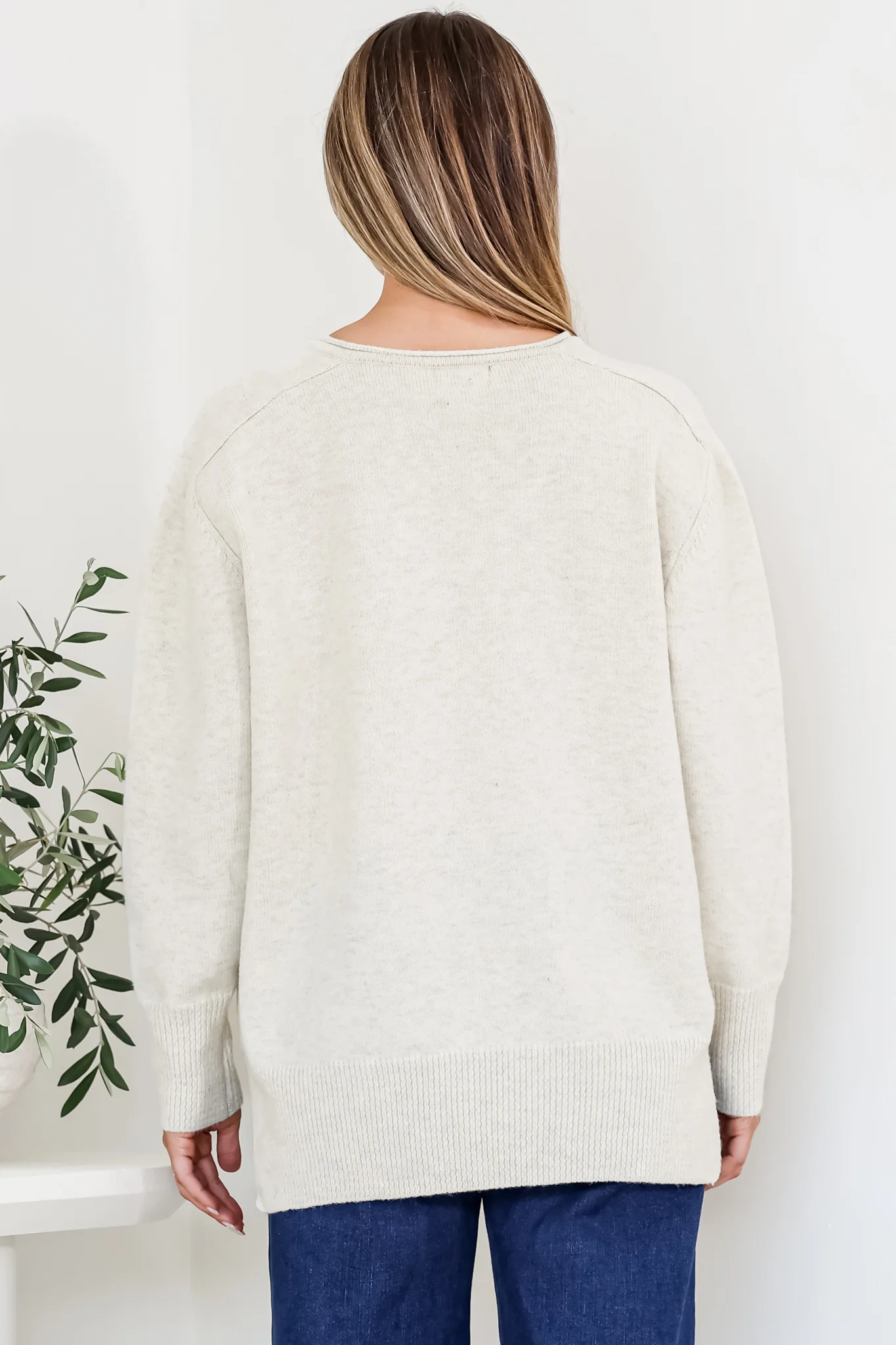 Clarke Jumper - V-Neck Batwing Sleeve Ribbed Step Hemline Knit in Beige - Image 8