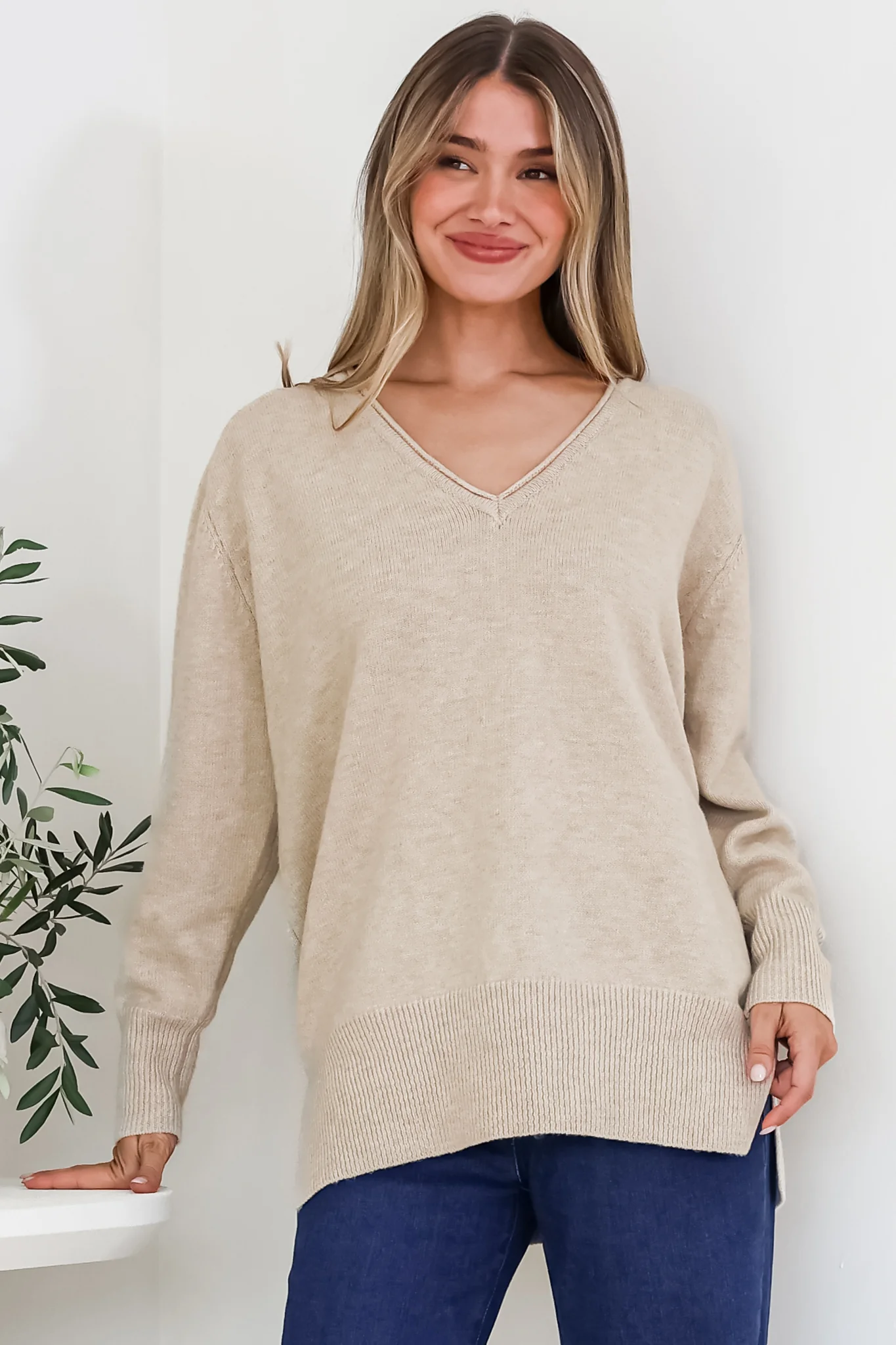Clarke Jumper - V-Neck Batwing Sleeve Ribbed Step Hemline Knit in Camel - Image 2