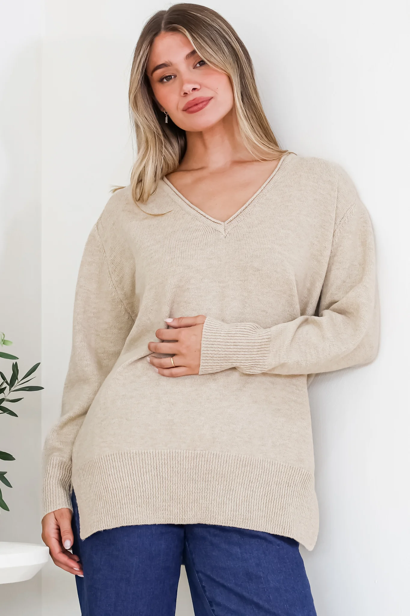Clarke Jumper - V-Neck Batwing Sleeve Ribbed Step Hemline Knit in Camel - Image 5