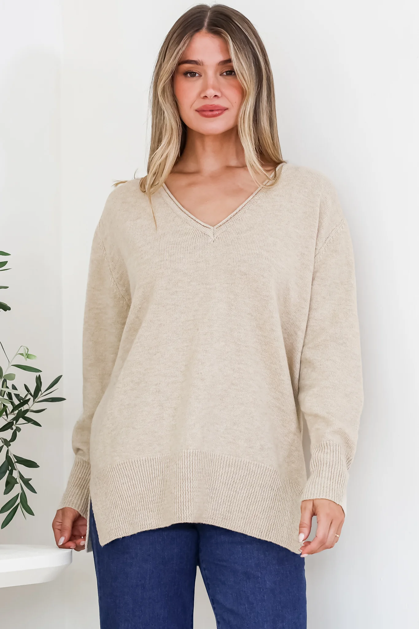 Clarke Jumper - V-Neck Batwing Sleeve Ribbed Step Hemline Knit in Camel - Image 6