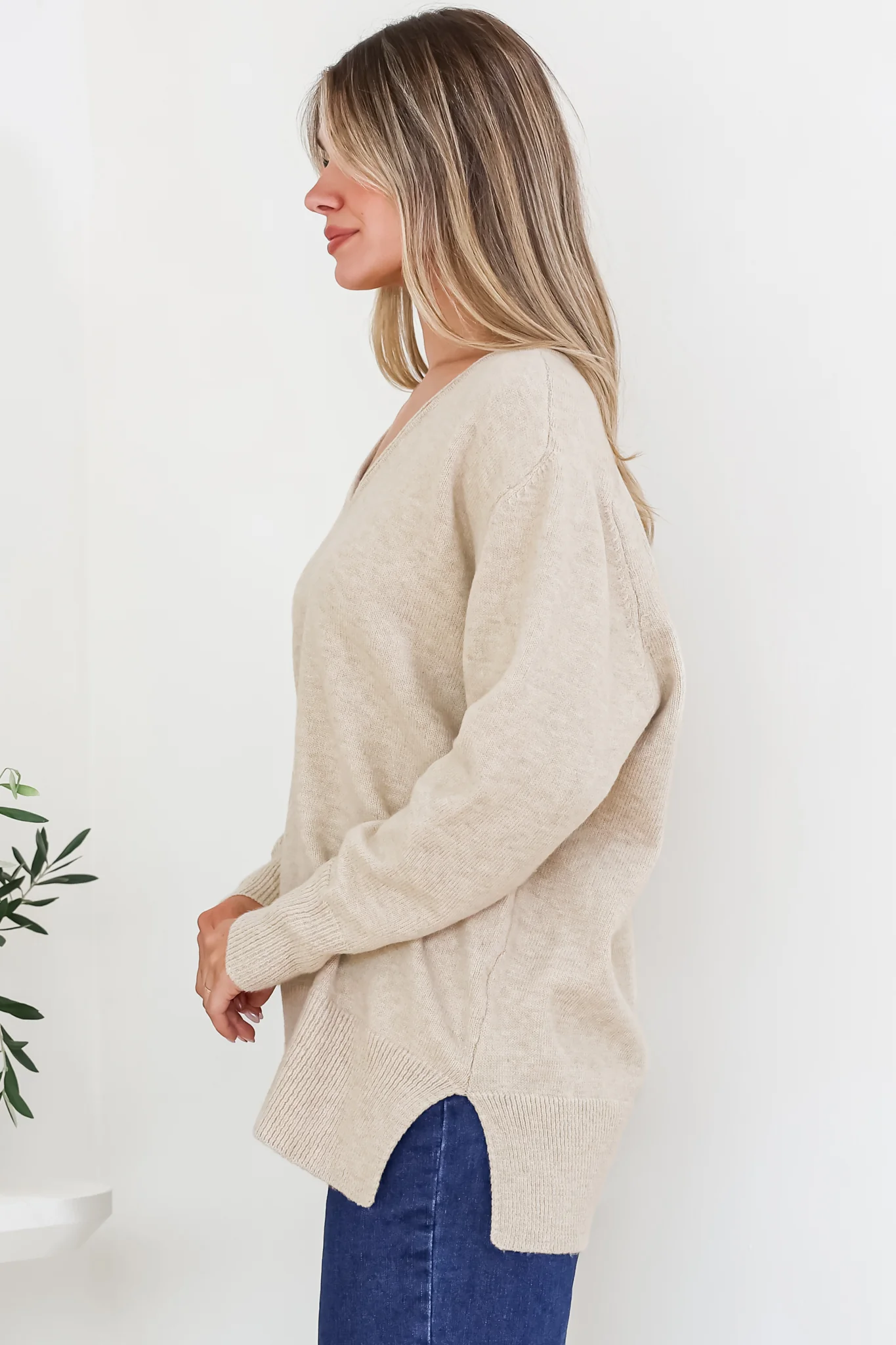 Clarke Jumper - V-Neck Batwing Sleeve Ribbed Step Hemline Knit in Camel - Image 7