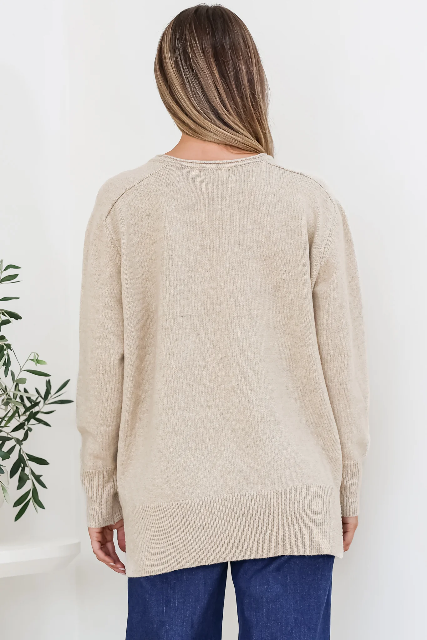 Clarke Jumper - V-Neck Batwing Sleeve Ribbed Step Hemline Knit in Camel - Image 8