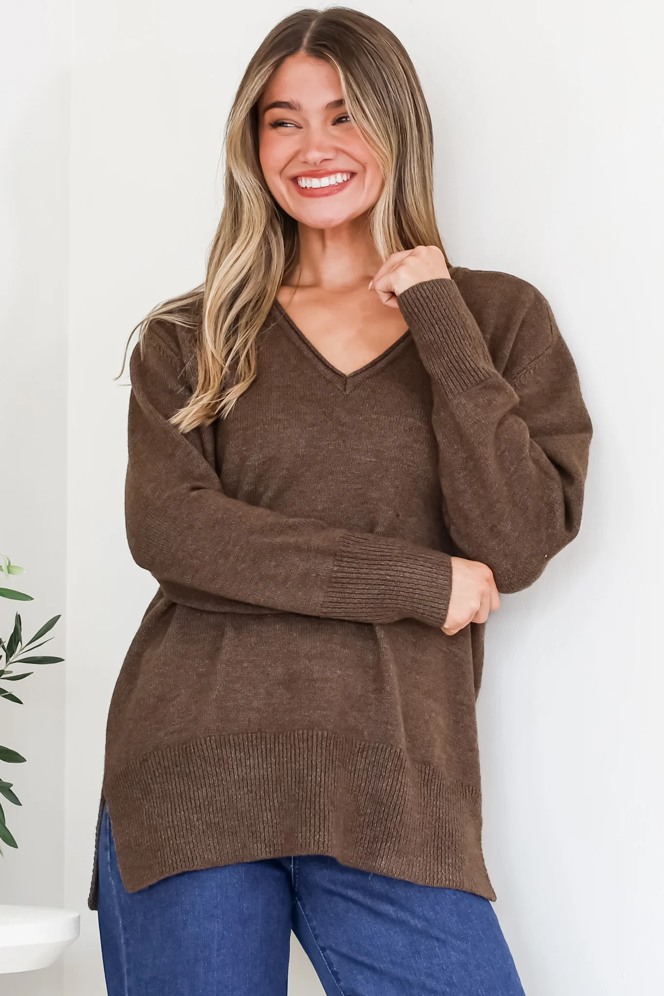 Clarke Jumper - V-Neck Batwing Sleeve Ribbed Step Hemline Knit in Coffee - Image 2