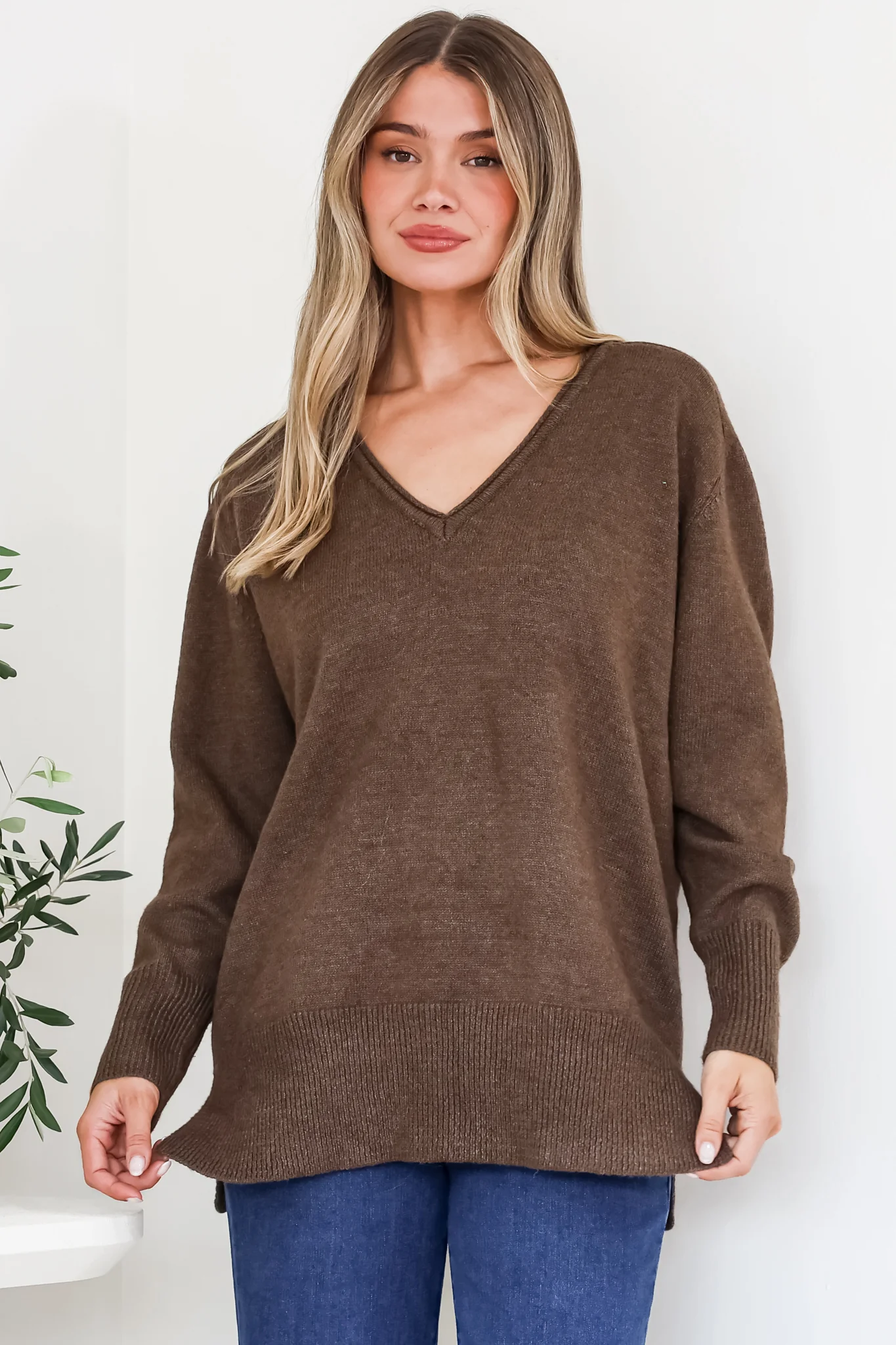 Clarke Jumper - V-Neck Batwing Sleeve Ribbed Step Hemline Knit in Coffee - Image 4