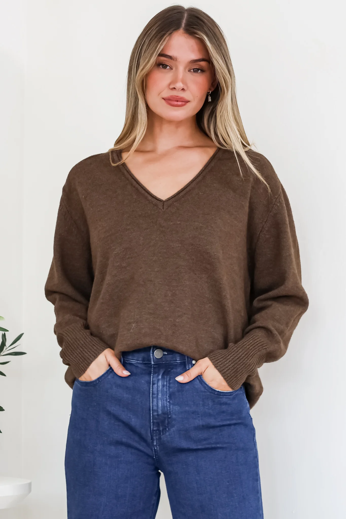 Clarke Jumper - V-Neck Batwing Sleeve Ribbed Step Hemline Knit in Coffee - Image 5