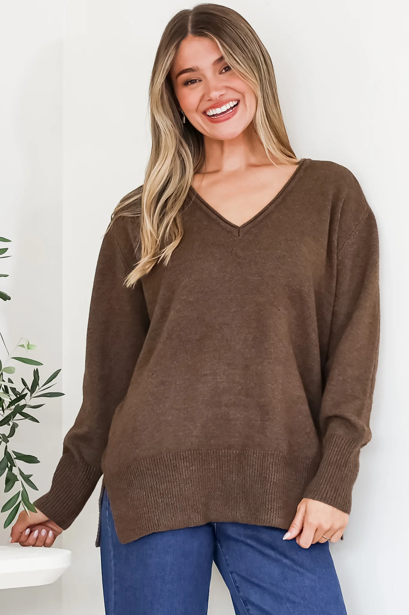 Clarke Jumper - V-Neck Batwing Sleeve Ribbed Step Hemline Knit in Coffee - Image 6