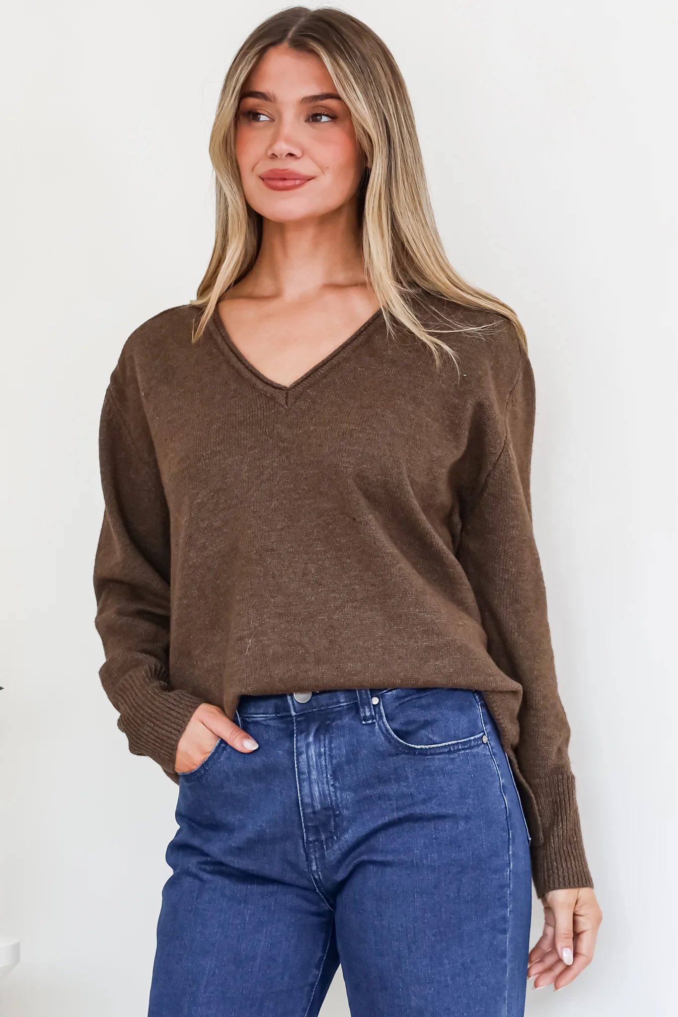 Clarke Jumper - V-Neck Batwing Sleeve Ribbed Step Hemline Knit in Coffee - Image 7