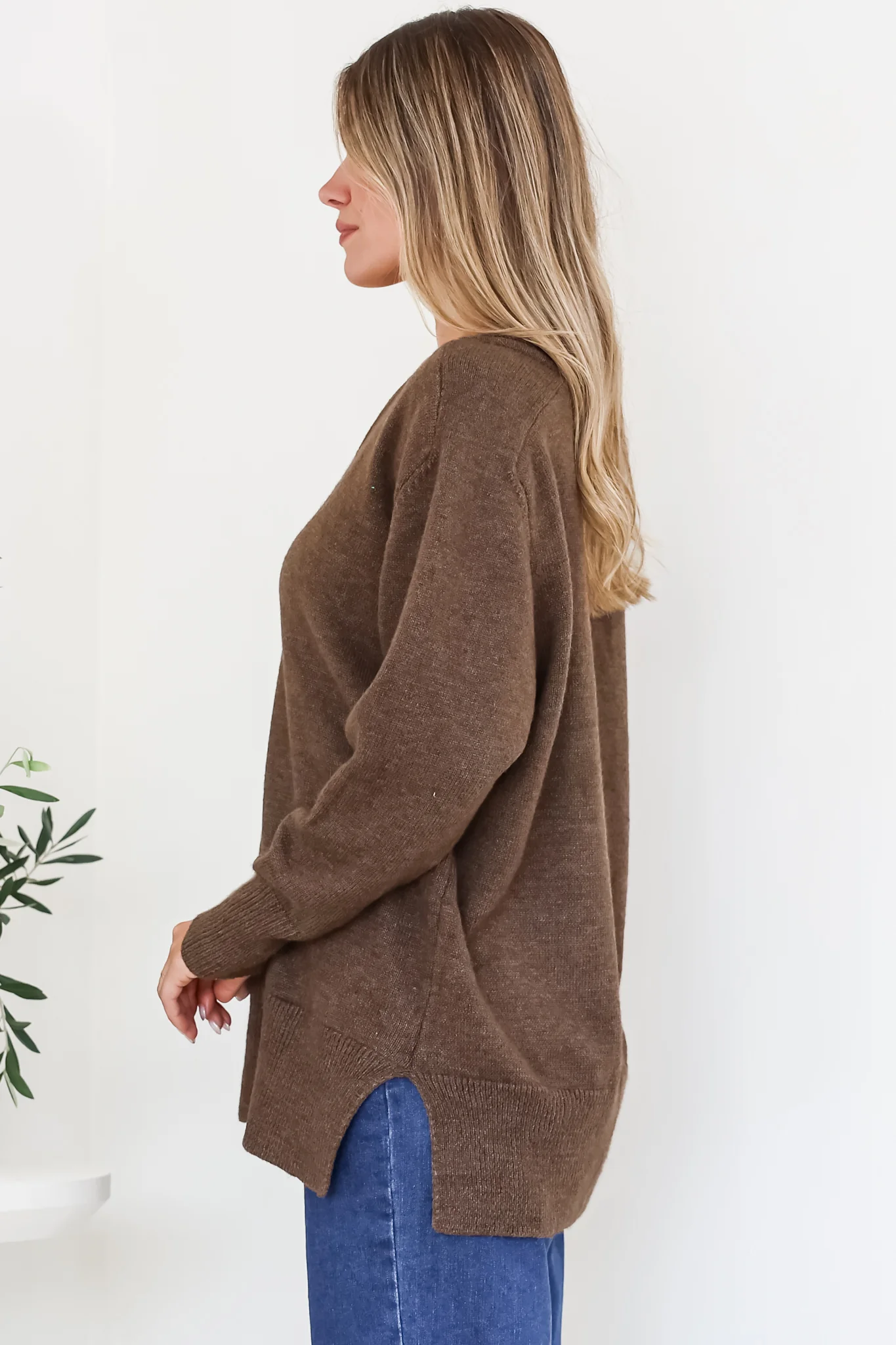 Clarke Jumper - V-Neck Batwing Sleeve Ribbed Step Hemline Knit in Coffee - Image 8
