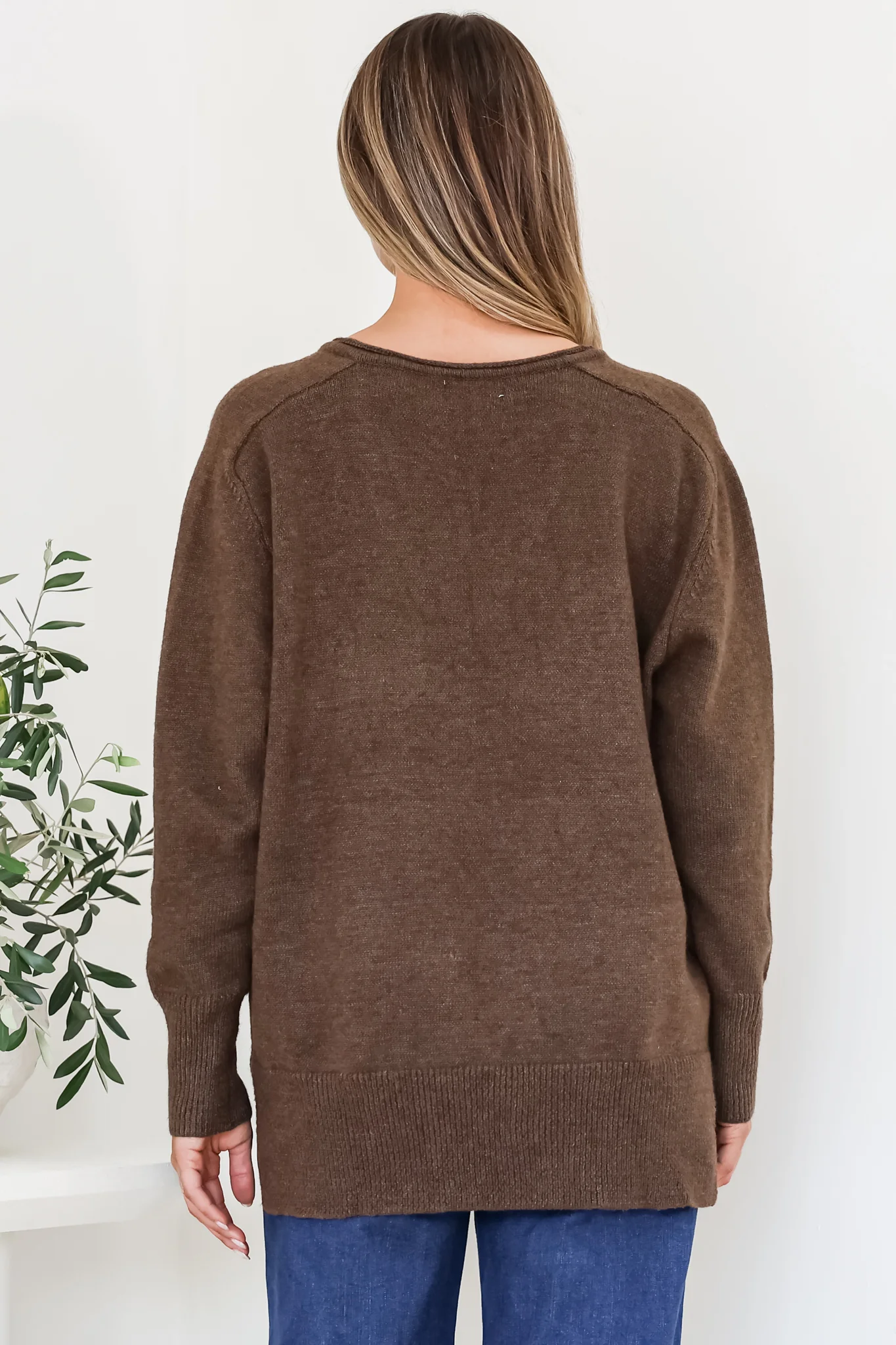 Clarke Jumper - V-Neck Batwing Sleeve Ribbed Step Hemline Knit in Coffee - Image 9