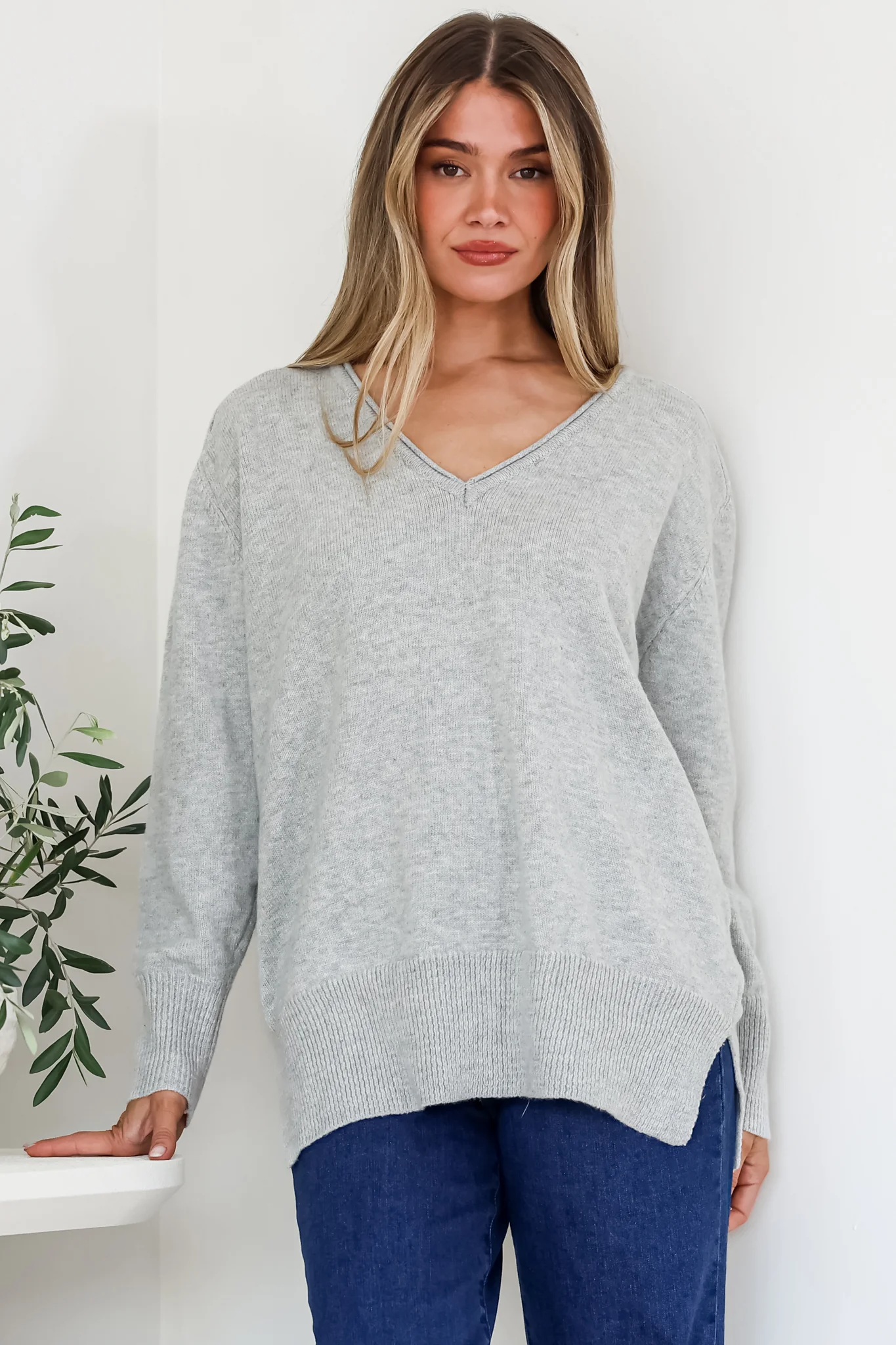 Clarke Jumper - V-Neck Batwing Sleeve Ribbed Step Hemline Knit in Grey