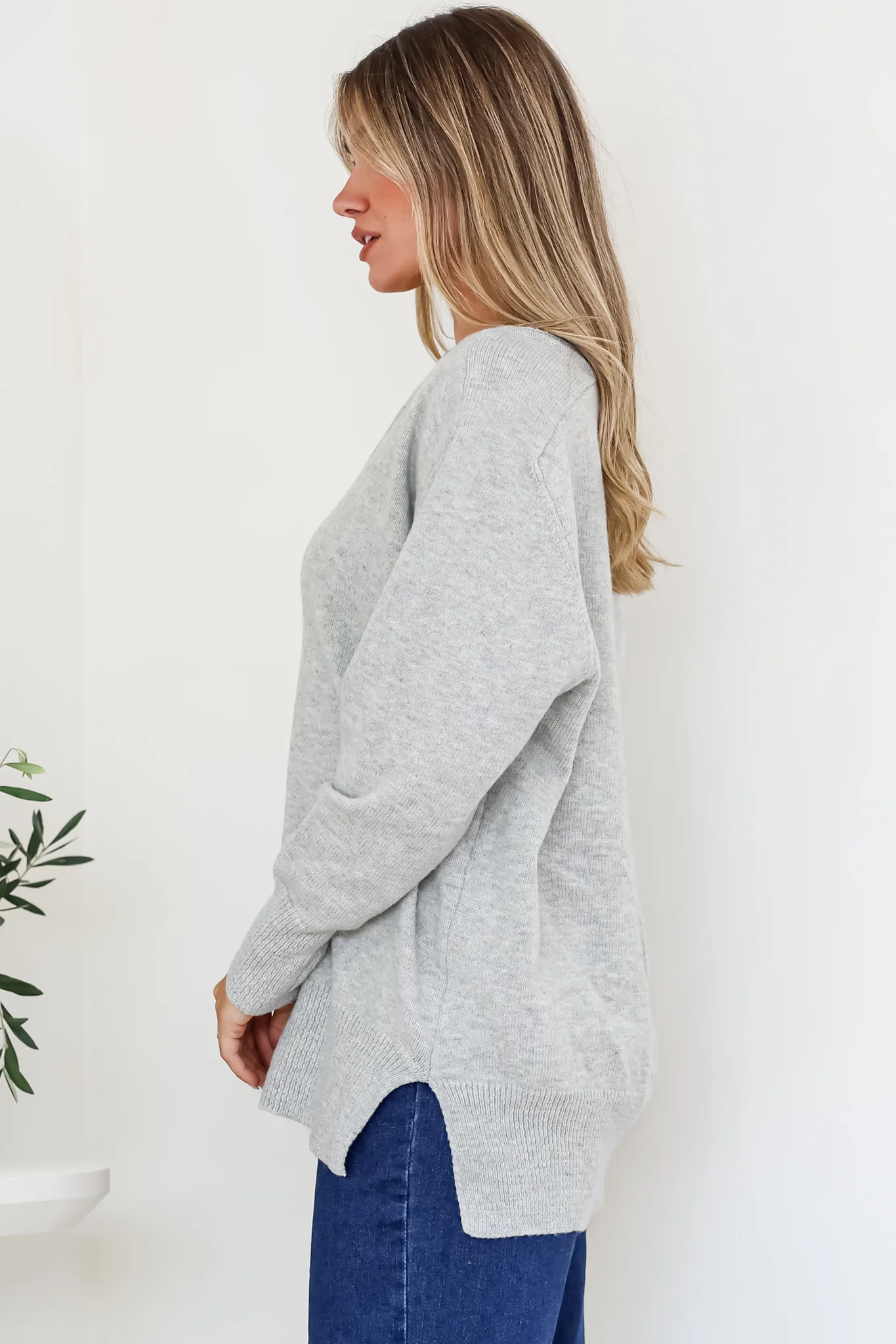 Clarke Jumper - V-Neck Batwing Sleeve Ribbed Step Hemline Knit in Grey - Image 6