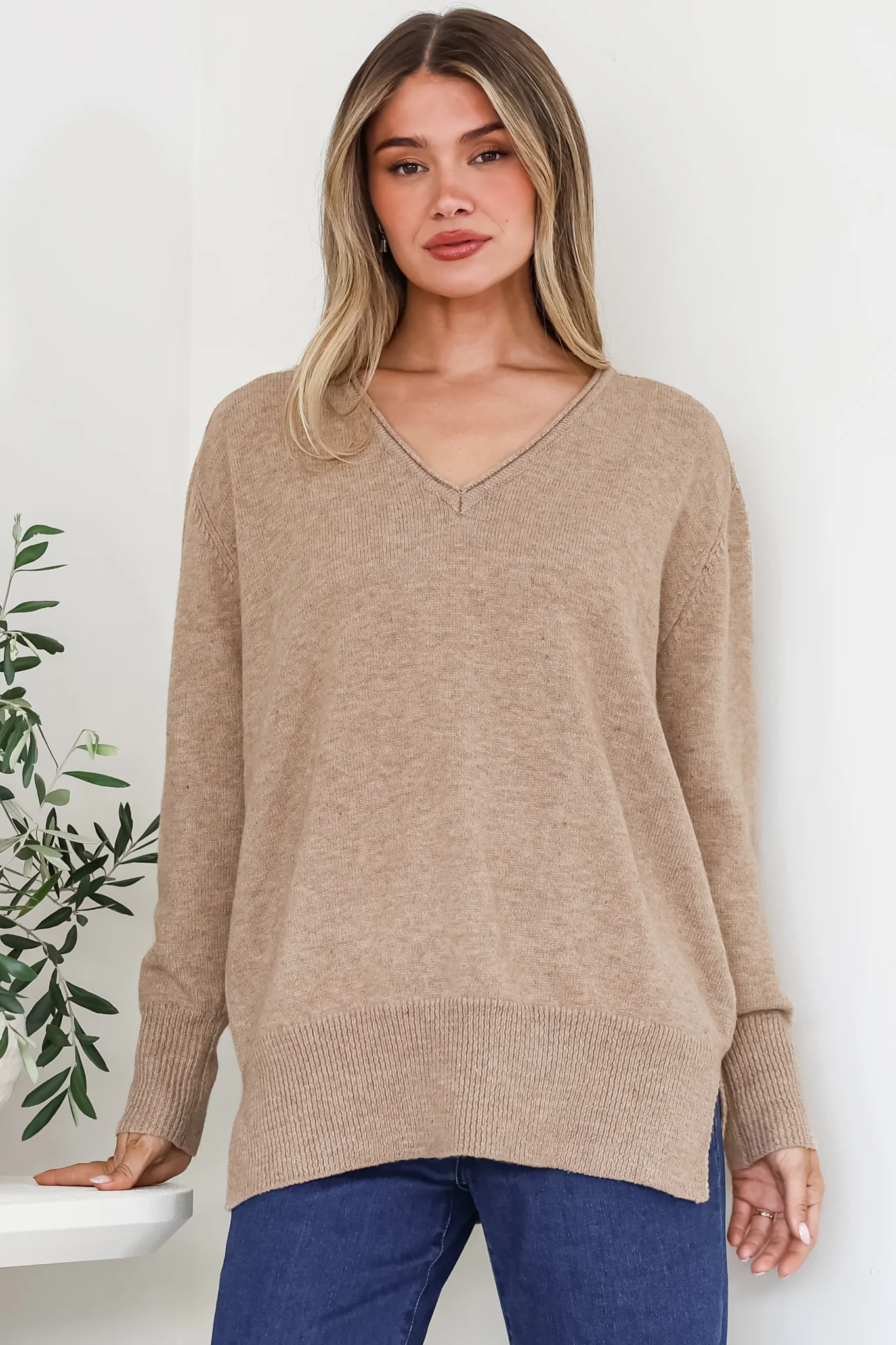 Clarke Jumper - V-Neck Batwing Sleeve Ribbed Step Hemline Knit in Mocha
