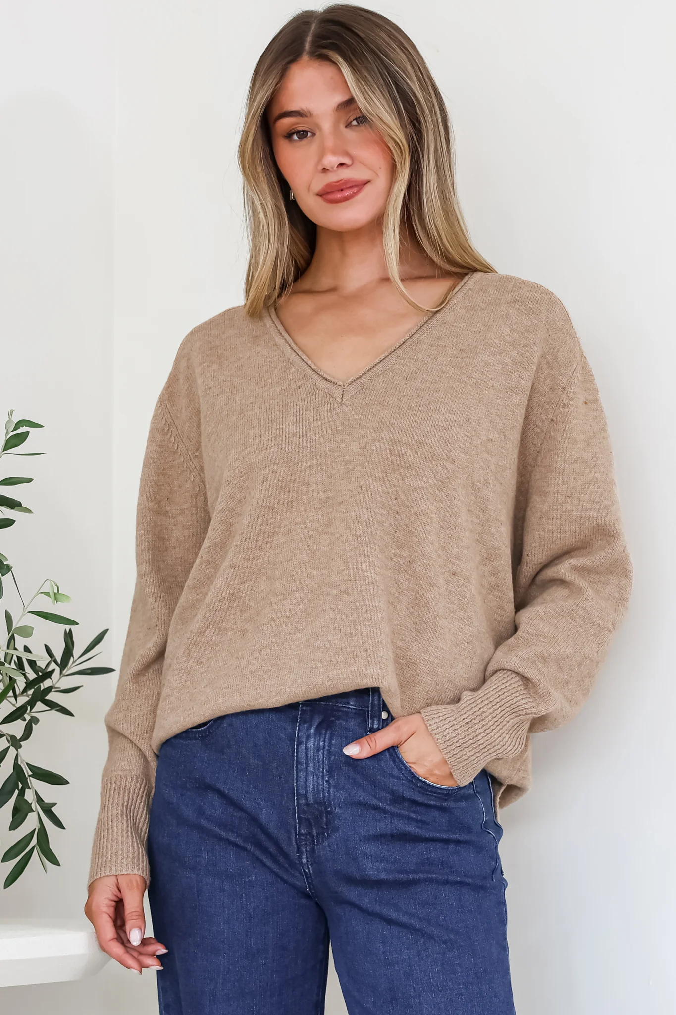 Clarke Jumper - V-Neck Batwing Sleeve Ribbed Step Hemline Knit in Mocha - Image 2